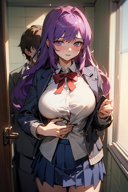 ((Mejor calidad)), ((obra maestra)), (detallado), cara perfecta, Yuri, Yuri ddlc, ddlc, doki doki literature club, purple hair, purple eyes, long hair, Yuri (character ddlc), big breasts, forced exposure, exposing breasts, grey jacket, brown sweatear, white shirt, blue skirt, school bathroom, boobs out, panty shot, blackmail, groping, nervous