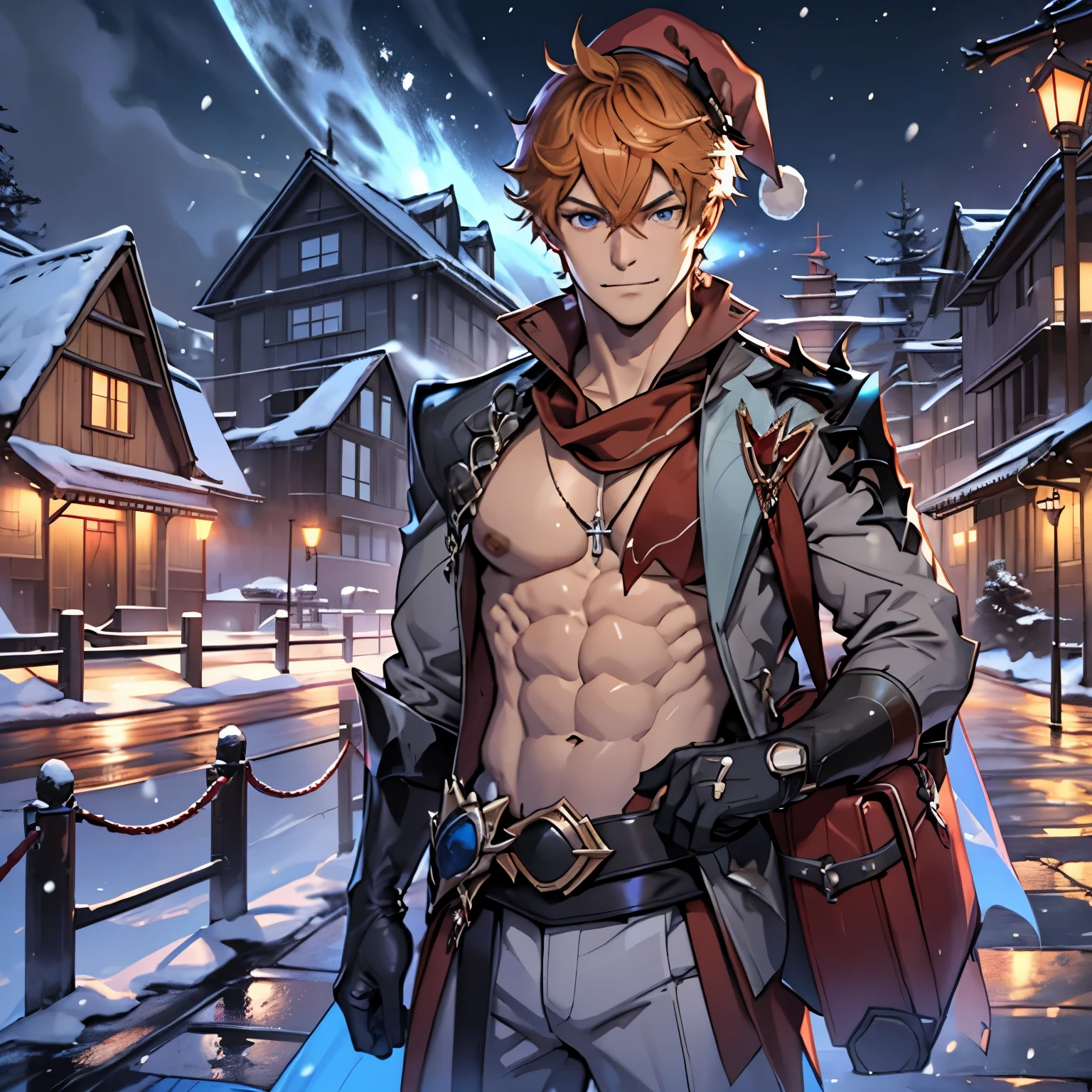 (extremely detailed, 8k wallpaper, masterpiece, best quality, ultra-detailed), (best illumination, best shadow), prefect face, dynamic pose, dynamic angle, 
((1boy)), solo, face, upperbody, male focus, tartaglia \(genshin impact\),
(santa hat:1.4), (carrying bags over shoulder:1.4), (holding large present boxes:1.2), smile, looking away, (detailed eyes:1.4), 
gorgeous, gloves, orange hair, (weapon:0),  blue eyes, black gloves, (mask on head:0), holding, shirtless, topless, muscle, scarf, red scarf, bangs, (holding weapon:0), muscular, abs, pectoral muscles
detailed background, liyue-kozue, scenery, night, outdoor, building, sea, bridge, mountain, (snow:1),