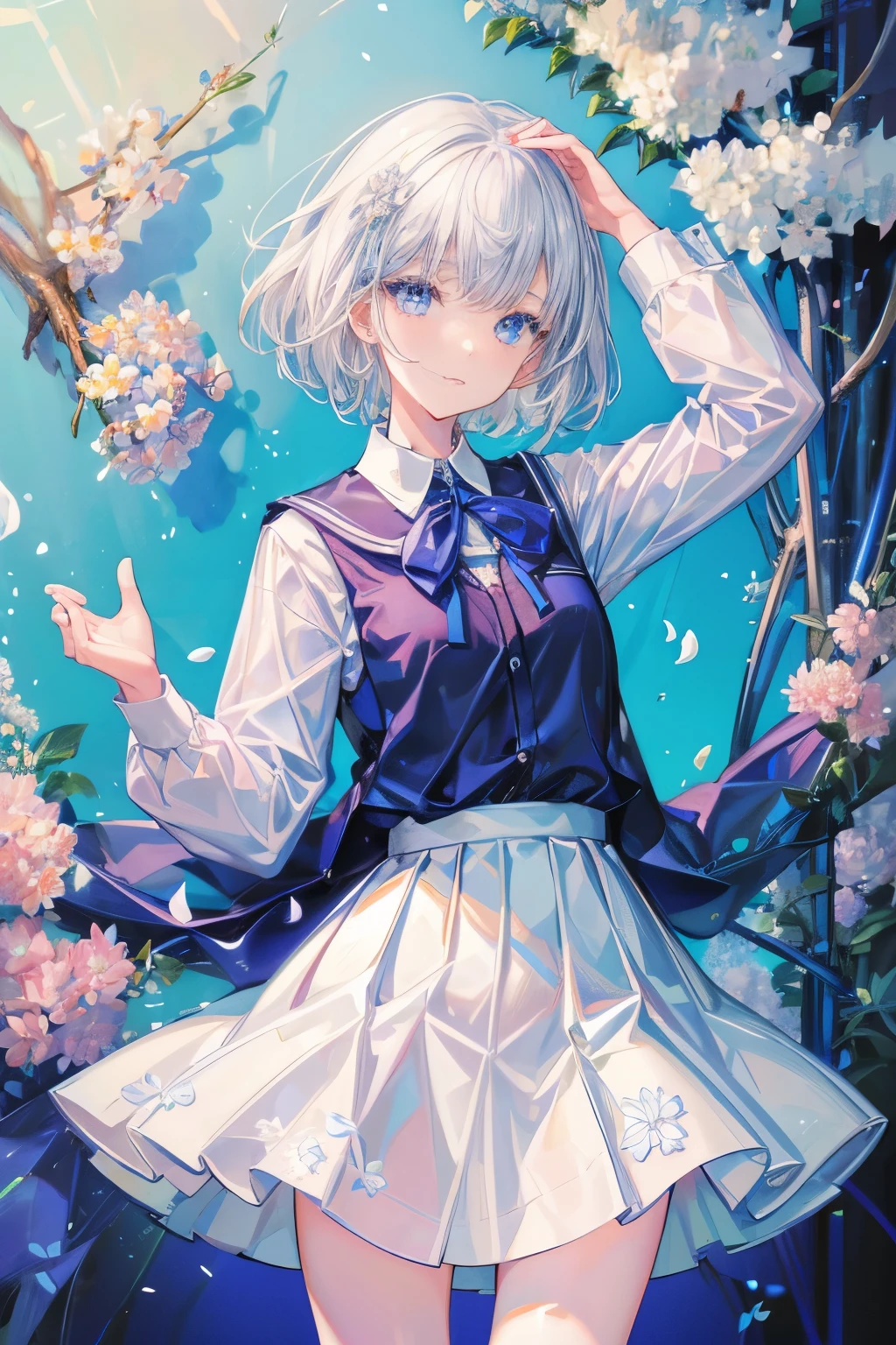 1 girl,(white) short hair,blue eyes,school uniforms,super cute,(introvert) and shy,small breast,thin and small,flowers,表情自然的