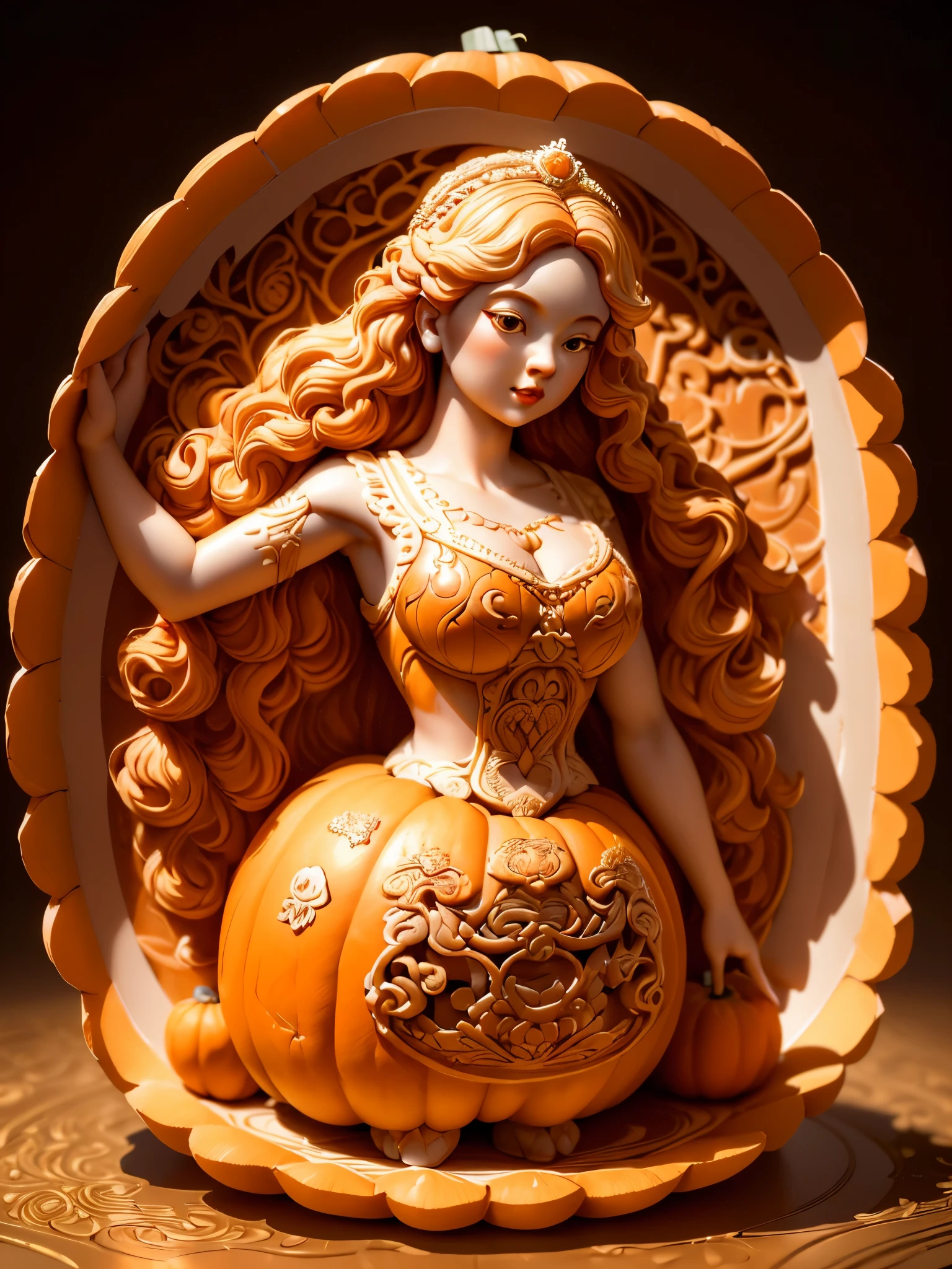 (A carving of a cute girl standing inside a large pumpkin：1.1），（miniature whole body），Beautiful long-haired girl，retro long skirt，16k，Orange，relief， and honest background：on the plate on the dining table，Fruit carving，food engraving，Three-dimensional engraving，food sculpture design， close-up, rotated, rococo style, Classicism, depth of field, UHD, masterpiece, ccurate, super detail, high details, high quality, award winning, best quality, highres, 16k，soft light lighting，