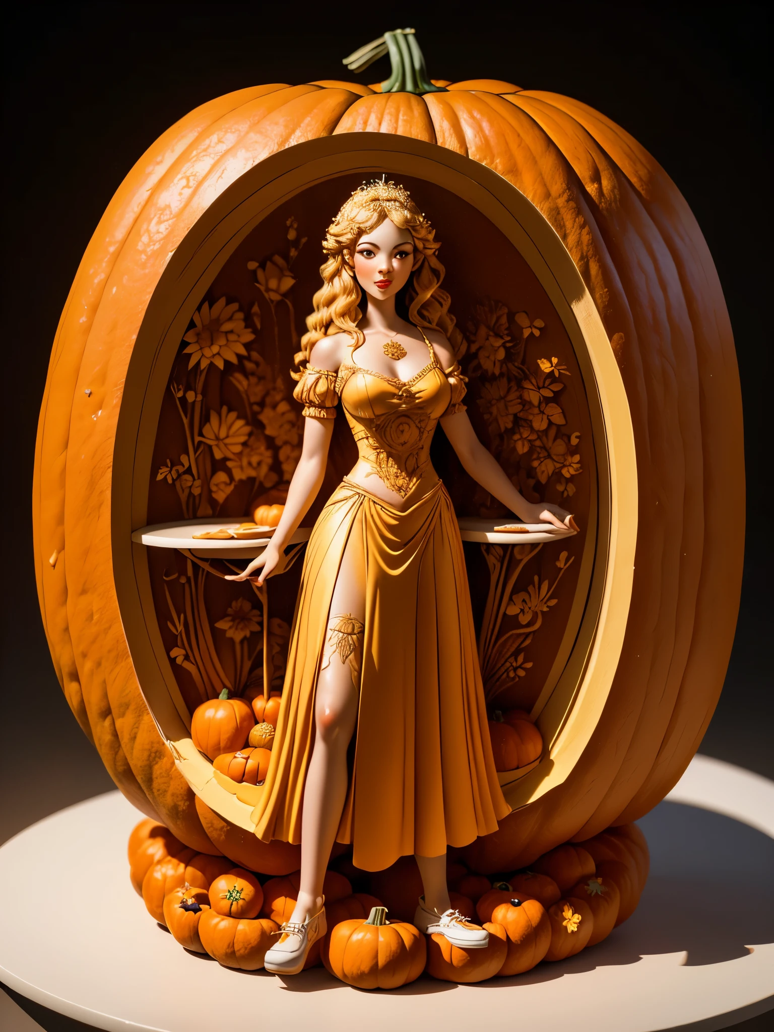 (A carving of a cute girl standing inside a large pumpkin：1.1），（miniature whole body），Beautiful long-haired girl，retro long skirt，16k，Orange，relief， and honest background：on the plate on the dining table，Fruit carving，food engraving，Three-dimensional engraving，food sculpture design， close-up, rotated, rococo style, Classicism, depth of field, UHD, masterpiece, ccurate, super detail, high details, high quality, award winning, best quality, highres, 16k，soft light lighting，