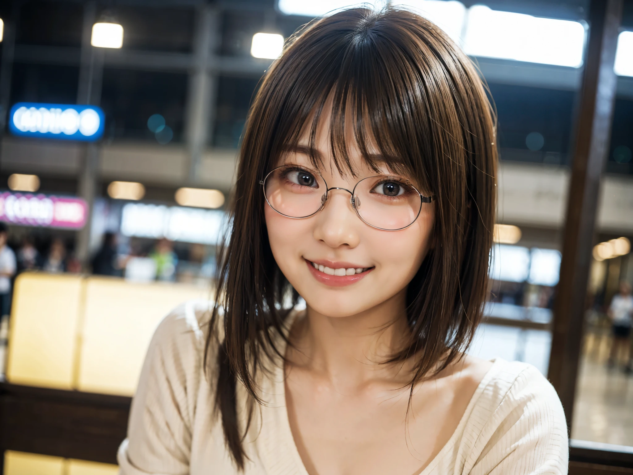 Japanese girl wearing casual clothes at the shopping mall, looking at the viewer, posing with a smile (highest quality, masterpiece))), High resolution, very detailed, masterpiece, cinematic lighting, (8K, highest quality, masterpiece: 1.2), (realistic, photorealistic: 1.37) high resolution, Super detailed, 1 girl, woman wearing glasses, thin frame round glasses, light colored glasses frames, Asian, cute, cute face, alone, short hair 1.2, rough skin, beautiful smile, beautiful and detailed sky, Detailed cafe, night, movie lighting, Depth of bounds written, lens flare light, sitting, date, (blush), (smile: 1.15), small chest、Closed), Beautiful eyes in every detail, (short hair: 1.2), floating hair nova frog style,
