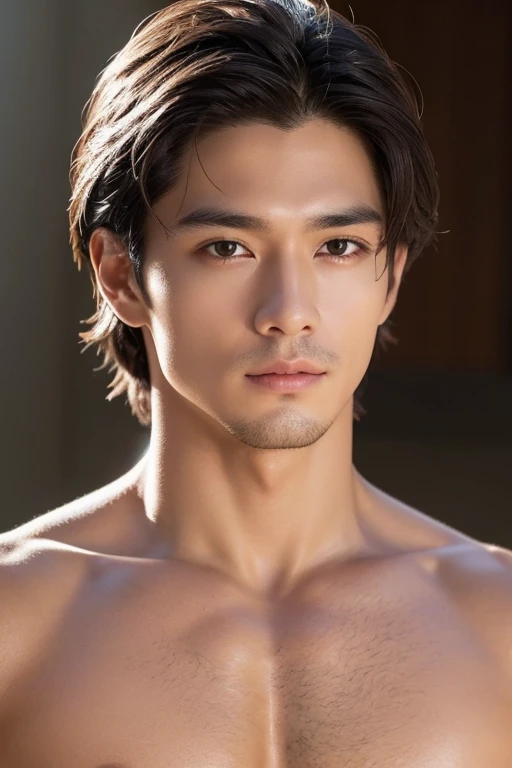 ((High quality)), ((masterpiece)), ((highly detailed)), perfect face, realistic, ((man)), ((indonesian)), black hair, comma hair style, ((shirtless)), ((handsome)), detailed eyes, beautiful detailed nose, realistic body, realistic light, comfortable exprssions, cute guy, sweat guy, cool guy, young, muscular body