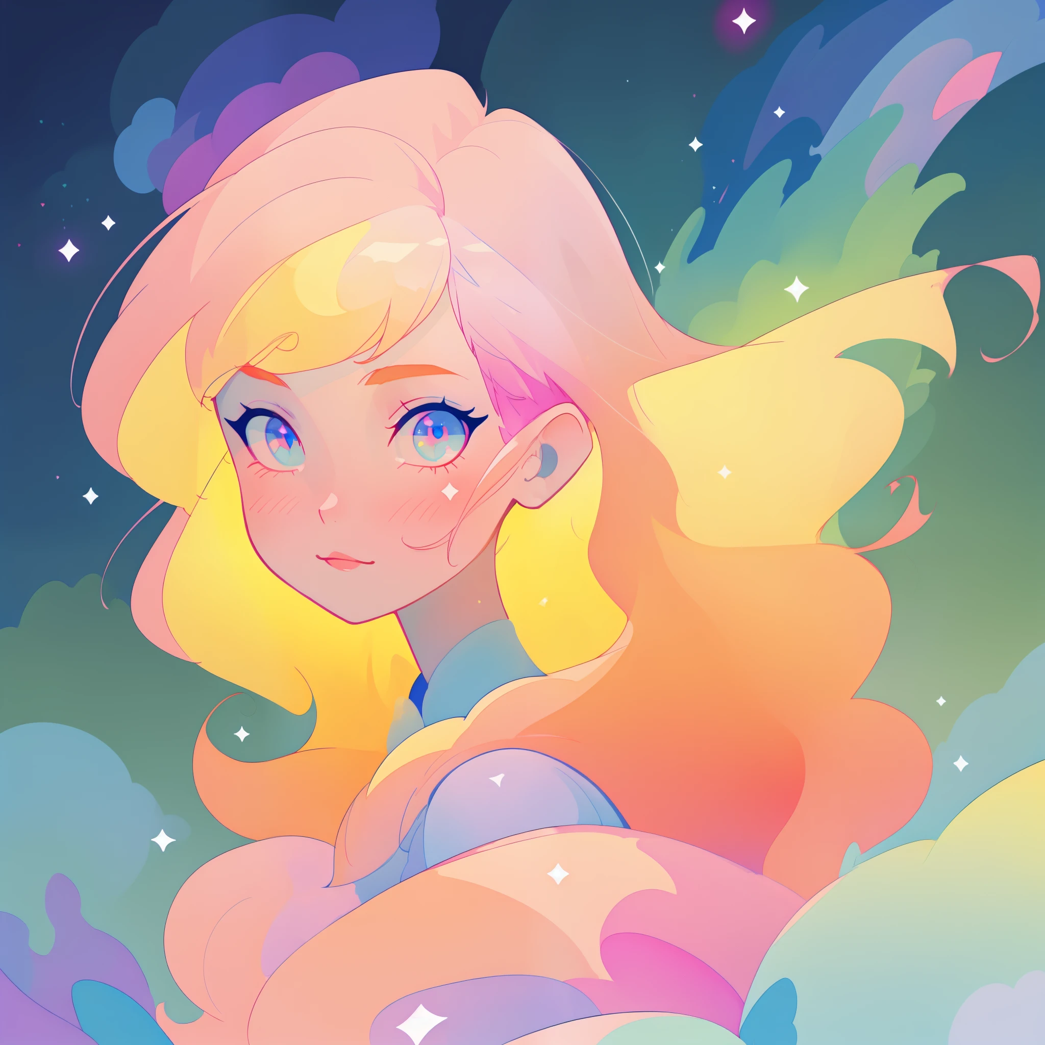 beautiful anime girl, portrait, vibrant pastel colors, (colorful), magical lights, long flowing colorful hair, inspired by Glen Keane, inspired by Lois van Baarle, disney art style, by Lois van Baarle, glowing aura around her, by Glen Keane, jen bartel, glowing lights! digital painting, flowing glowing hair, glowing flowing hair, beautiful digital illustration, fantasia background, whimsical, magical, fantasy, beautiful face, ((masterpiece, best quality)), intricate details, highly detailed, sharp focus, 8k resolution, sparkling detailed eyes, liquid watercolor