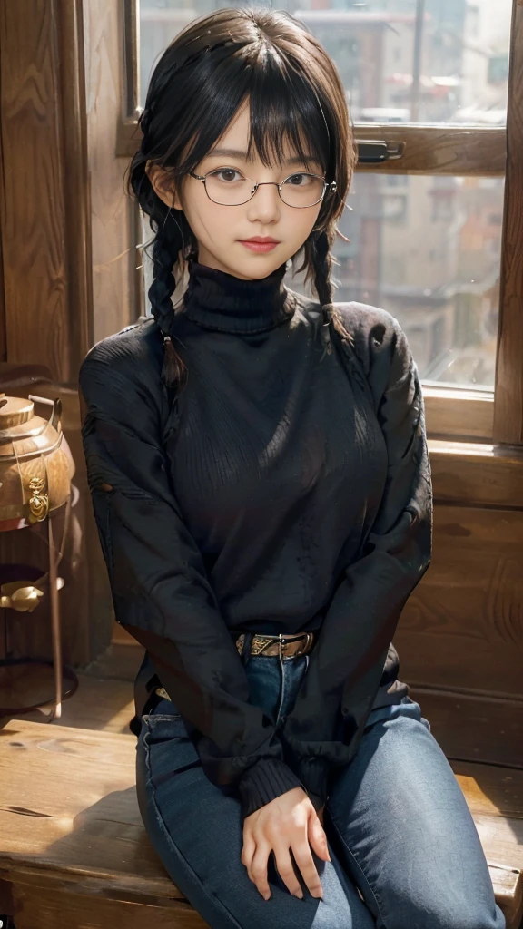 masterpiece, highest quality, one woman, Japanese people in their 20s, hairstyle:(black hair, very short hair, two braids, curly hair, With bangs), face:(symmetrical beauty, 小face, sharp outline, thick eyebrows, dark eyebrows, realistic eyes, double eyelid, droopy eyes, small nose, thick lips, close your mouth), expression:(smile, はにかんだ笑face), decoration:(rimless glasses, glasses with small lenses, square lens), body shape:(wheat-colored skin, realistic skin texture, I cup breasts, 少しふくよかなbody shape), clothing:(jacket:beige cardigan, inside:black turtleneck sweater, pants:dark blue long jeans, brown long boots), posture:(sitting, on the chair, Show the whole body, Even the shoes are shown), The background is a Western-style cafe, (face directly toward the camera, looking directly at the viewer, looking at the camera, The whole body is facing towards the viewer., whole body facing towards the camera, faceはカメラを真っ直ぐ見る).