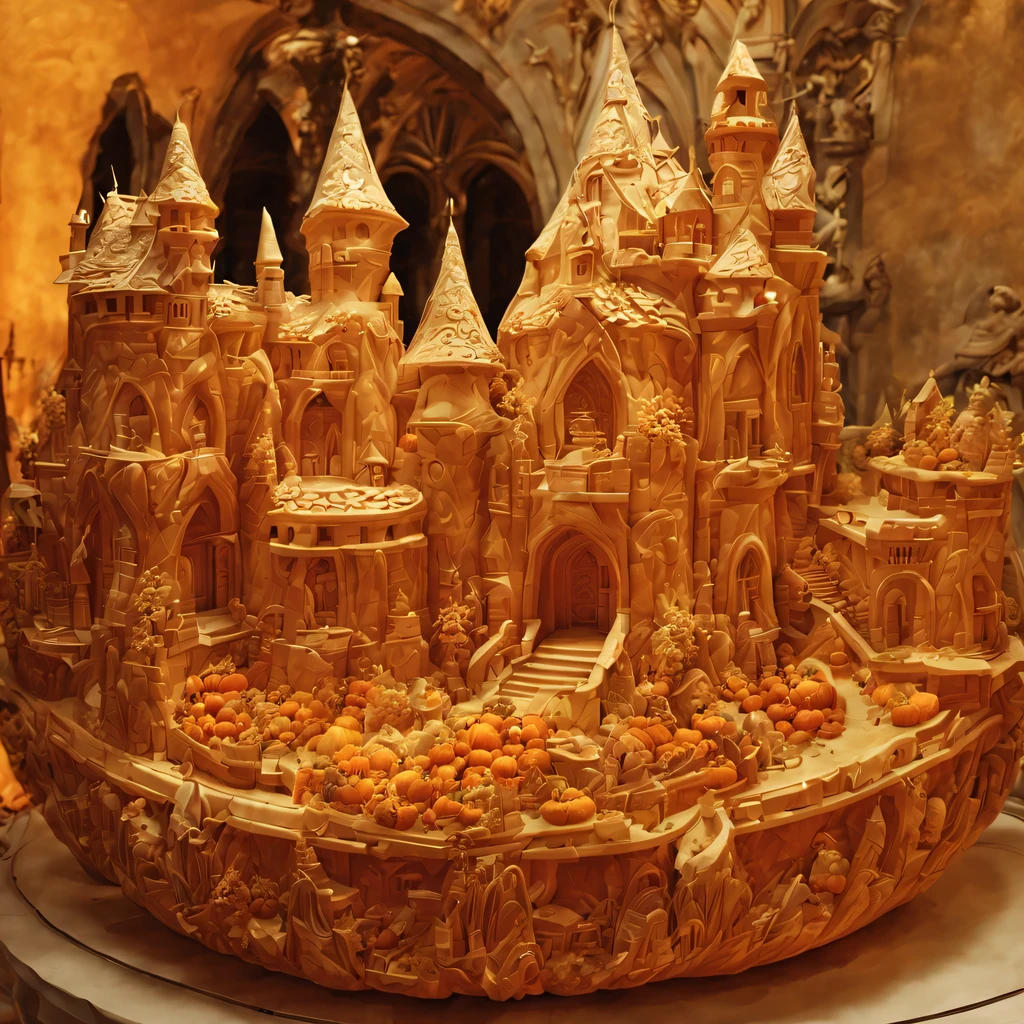 Pumpkin carving, Pumpkin carving Art, Detailed carved pumpkin castle, (there is a lock on the table, carved from pumpkin), (The carved pumpkin castle is very detailed and highly detailed.)