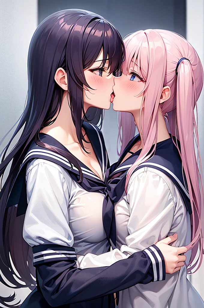 Two big-breasted high school girls wearing sailor suits、While pressing our breasts together、Kissing by inserting the tongue of the other person's mouth
