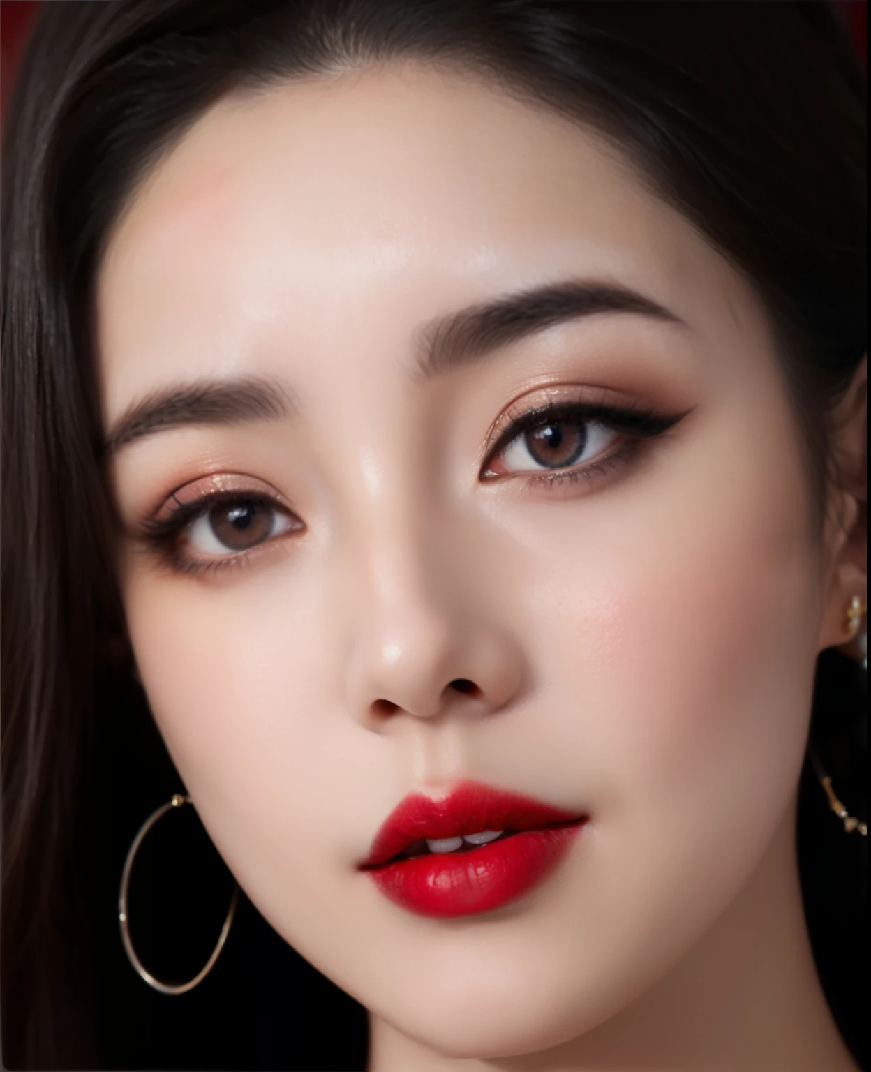a close up of a woman with a red lipstick and earrings, popular south korean makeup, popular korean makeup, red contact lenses, sexy face with full makeup, light makeup, dilraba dilmurat, photorealistic beautiful face, wide golden eyes and red lips, sha xi, wlop glossy skin, inspired by Huang Ji, beautiful south korean woman, fan bingbing