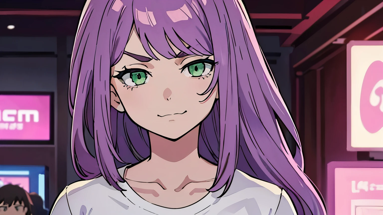 masterpiece, best quality, expressive eyes, perfect face, 1girl, solo girl, purple pink hair, long hair, long bangs, green eyes, smirk face, angry eyebrows, white shirt, full body, facing camera