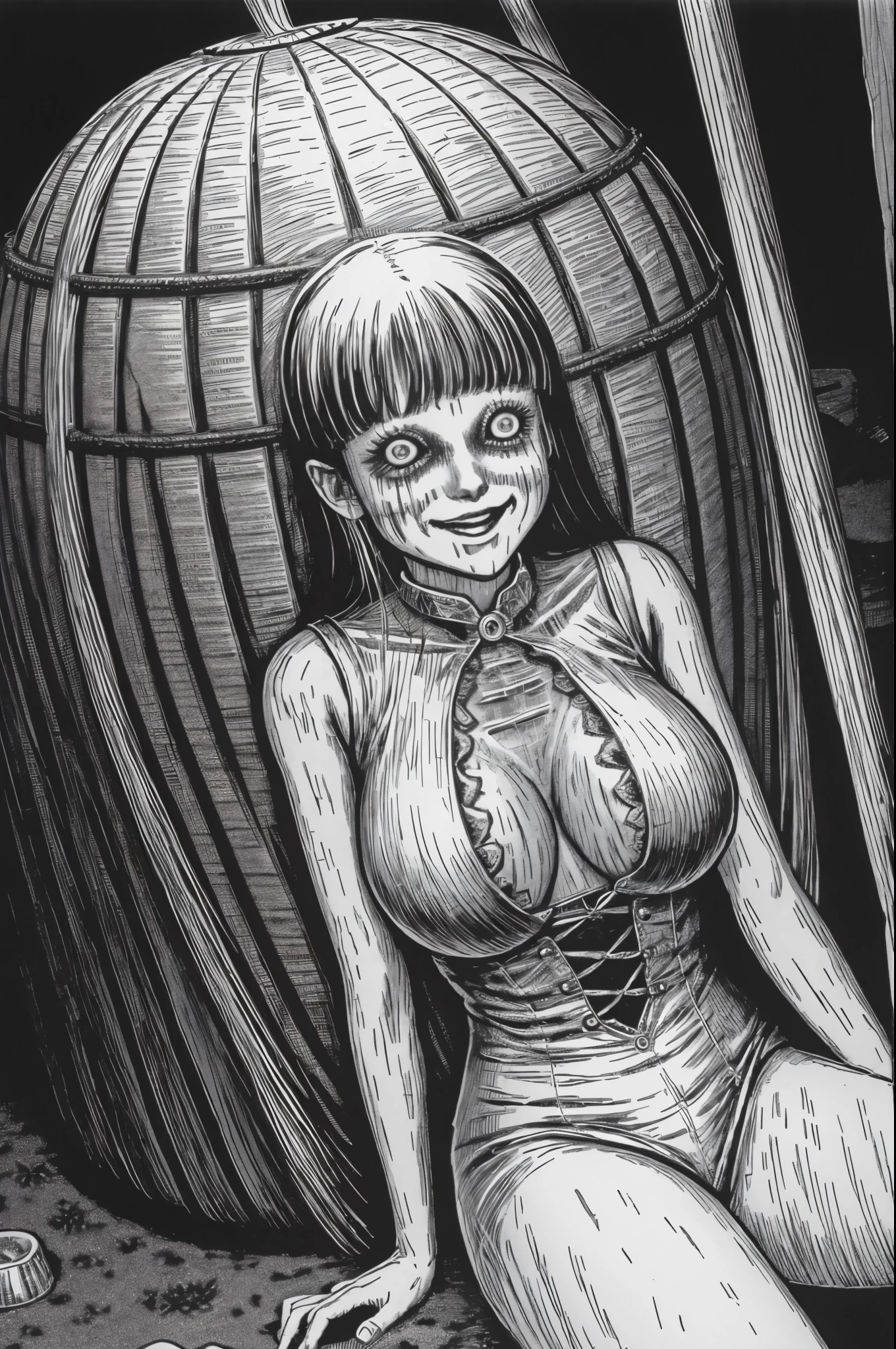 woman, smile, sitting in tomb, huge boobs, disgusting, creepy, nightmare, disturbing, by junji ito,