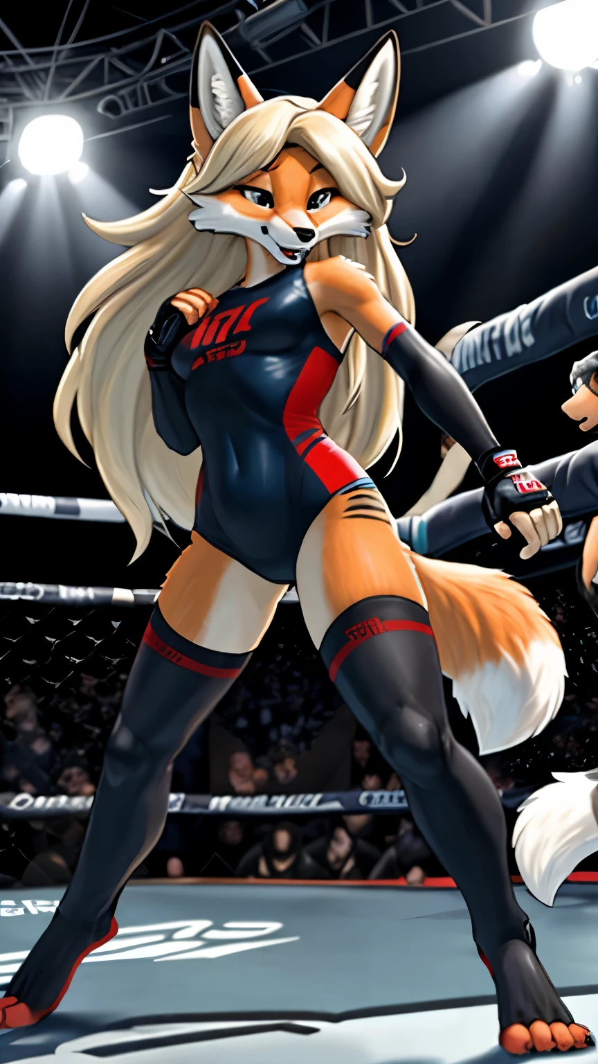 masterpiece, Best quality, Fox, Slim physique, weak, big long hair, in bodysuit, in sports stockings, wearing UFC gloves, Standing in the UFC ring