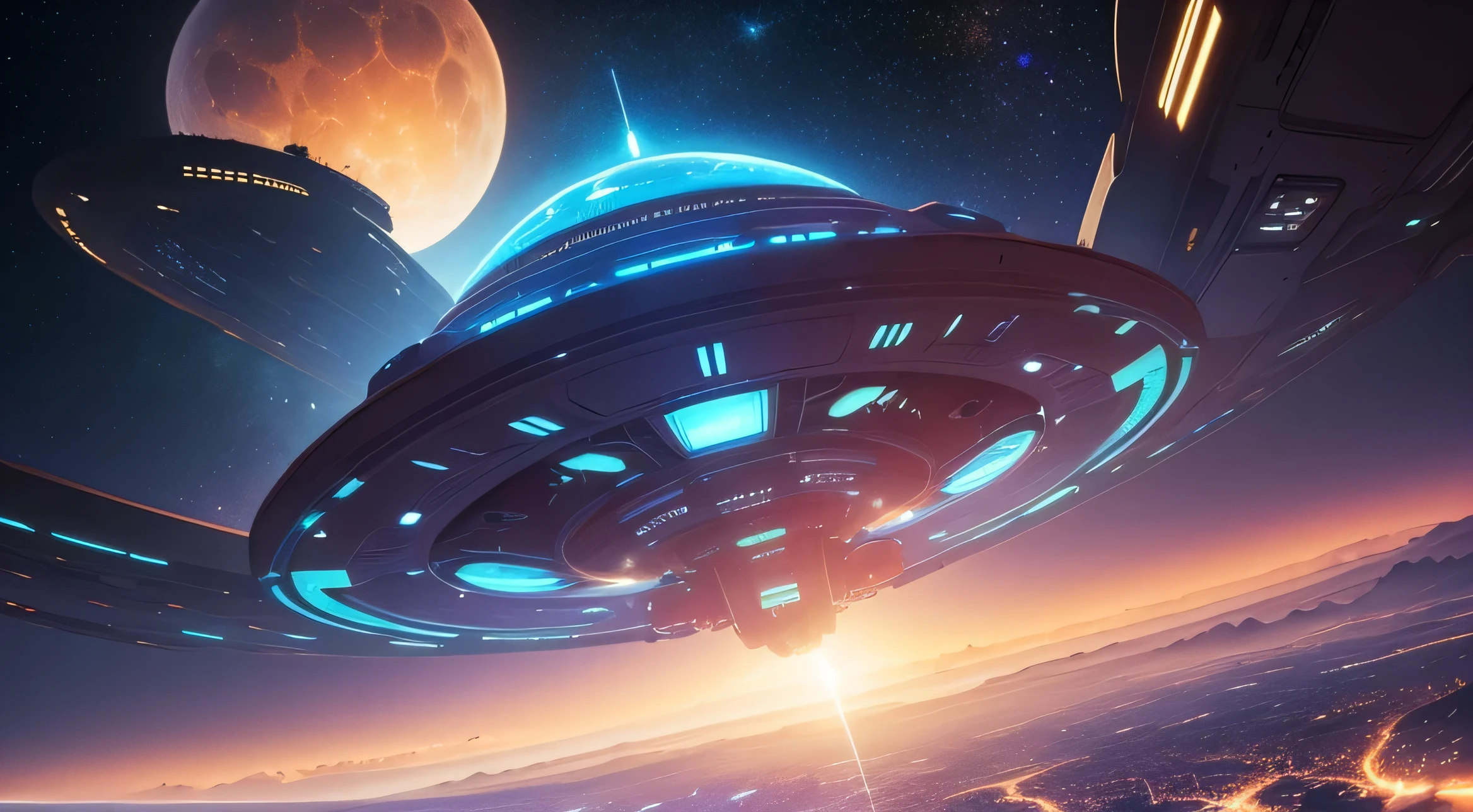 A Spaceship flying on top Galaxy city, aliens on the road, spaceships in the sky, stars sky, blue sun, realistic quality, galaxy futuristic city, best quality, super realsitc quality
