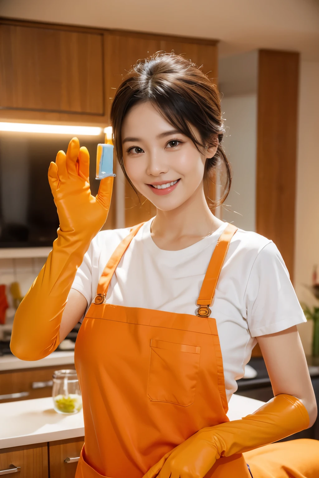 Cleaner wearing orange apron，Smiling in the living room holding glass cleaning tools. Highly realistic. rubber glove、long gloves