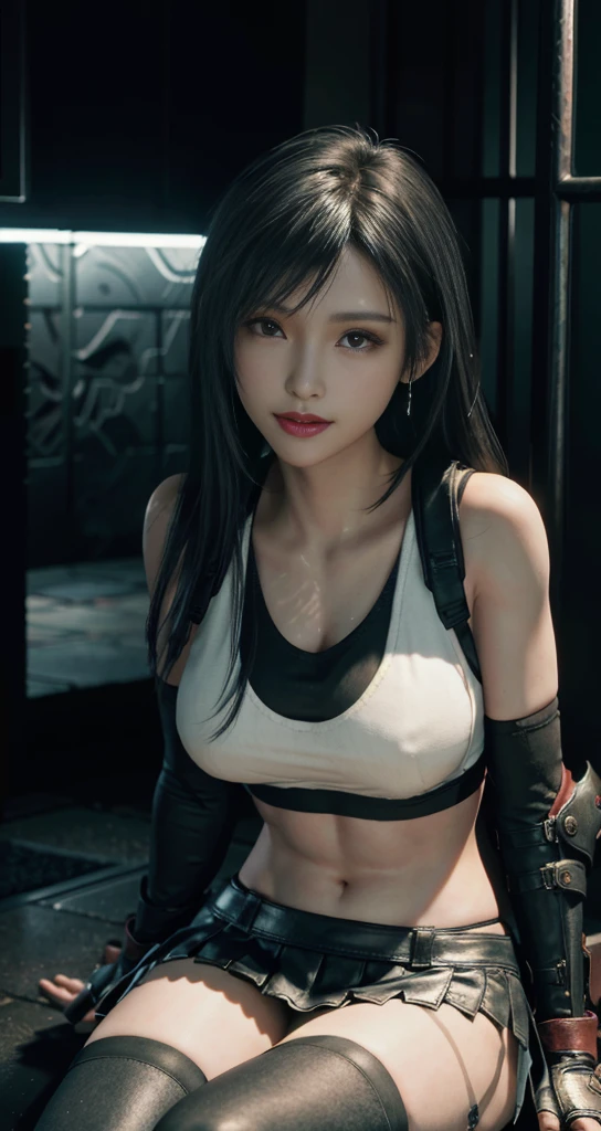 (8k、Highest Quality、A masterpie:1.2)、(Realistic、Photorealistic:1.eople 7)、Super detailed、Girl 1 Mature Mature Woman Mature Woman、cutest、独奏, (Tifa Lockheart)、(big breastes), (((change, Show well)))、(((black bra)))、(pretty eyes)、(Smiling smile:1.2)、(hooded)、(erotic pose:1.3)、underwear, Dance、Neons、Street landscapes、and depth of field、Dark and strong shadows、sharp-focus、Auto、Motion blur、and depth of field、composition、Glowing green light、Final Fantasy VII、instrument、(nose blush)、Single elbow pad、ankle boots、dark black hair、black thigh、red boots、elbow gloves、elbow pads、partially fingerless gloves、tight shirt、sports bra、(Suspenderlack skirt、thights、white tanktop、All over body、headrest、s lipacial、Long hair with low Thai、(red eyes:1.2), (night time:1.3)、Complex、bokeh、Cinematic lighting、Photon mapping、radiosity、physically based rendering、(Tetsuya Nomura style)、NSFW、A perfect chest