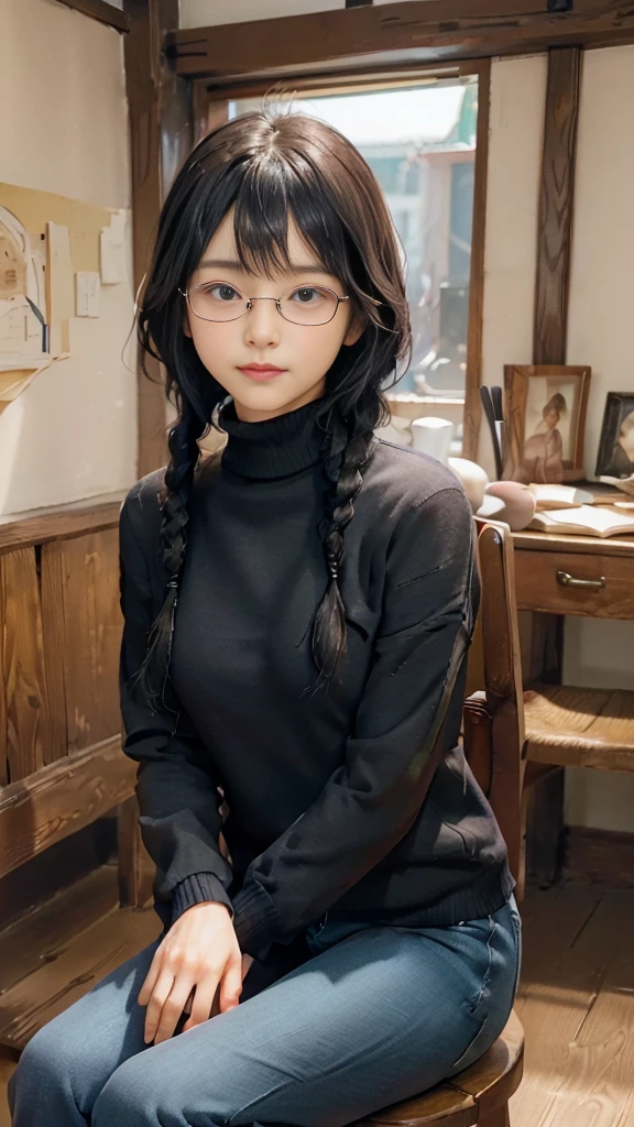 masterpiece, highest quality, one woman, Japanese people in their 20s, hairstyle:(black hair, very short hair, two braids, curly hair, With bangs), face:(symmetrical beauty, 小face, sharp outline, thick eyebrows, dark eyebrows, realistic eyes, double eyelid, droopy eyes, small nose, thick lips, close your mouth), expression:(smile, はにかんだ笑face), decoration:(rimless glasses, glasses with small lenses, square lens), body shape:(wheat-colored skin, realistic skin texture, I cup breasts, 少しふくよかなbody shape), clothing:(jacket:Beige long coat, inside:black turtleneck sweater, pants:dark blue long jeans, brown long boots), posture:(sitting, on the chair, Show the whole body, Even the shoes are shown), The background is a Western-style cafe, (face directly toward the camera, looking directly at the viewer, looking at the camera, The whole body is facing towards the viewer., whole body facing towards the camera, faceはカメラを真っ直ぐ見る).