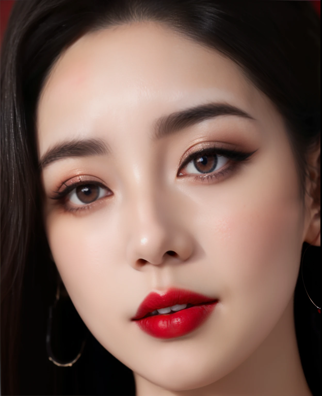 a close up of a woman with a red lipstick and earrings, popular south korean makeup, popular korean makeup, red contact lenses, sexy face with full makeup, light makeup, dilraba dilmurat, photorealistic beautiful face, wide golden eyes and red lips, sha xi, wlop glossy skin, inspired by Huang Ji, beautiful south korean woman, fan bingbing