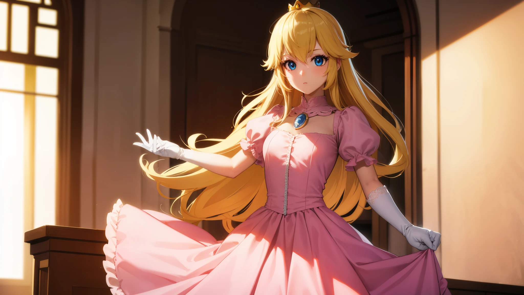 princesspeach, princess peach, blonde hair, blue eyes, long hair, BREAK crown, dress, gem, gloves, pink dress, puffy short sleeves, puffy sleeves, short sleeves, white gloves, BREAK indoors, BREAK looking at viewer, (cowboy shot:1.5), BREAK (masterpiece:1.2), best quality, high resolution, unity 8k wallpaper, (illustration:0.8), (beautiful detailed eyes:1.6), extremely detailed face, perfect lighting, extremely detailed CG, (perfect hands, perfect anatomy),