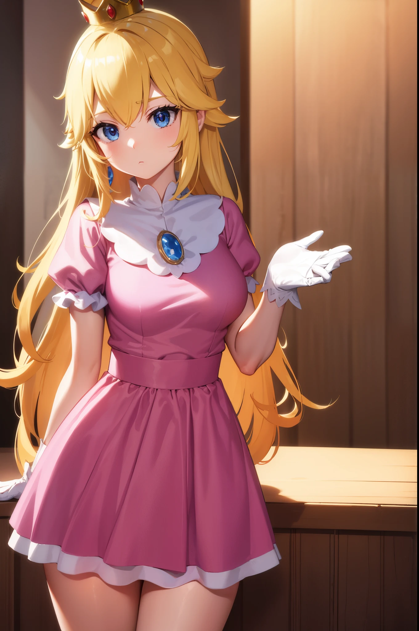 princesspeach, princess peach, blonde hair, blue eyes, long hair,
BREAK crown, dress, gem, gloves, pink dress, puffy short sleeves, puffy sleeves, short sleeves, white gloves,
BREAK indoors,
BREAK looking at viewer, (cowboy shot:1.5),
BREAK (masterpiece:1.2), best quality, high resolution, unity 8k wallpaper, (illustration:0.8), (beautiful detailed eyes:1.6), extremely detailed face, perfect lighting, extremely detailed CG, (perfect hands, perfect anatomy),