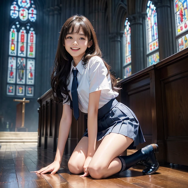 ((whole body esbion))、((side shot))、((small breasts、small and flat chest))、  ((Wet and sheer white tank top、Uratora mini pleated skirt、dark blue)), ((red tie))、 ((black boots))、((Kneeling prayer pose in church、Join hands))、((１direct))、((The background is the interior of a deserted gothic church..))、((high nose))、((delicate body))、((vertical upper body))、((clean、masterpiece、professional artwork、famous works))、((perfect girl body))、((beautiful  girl)),((cute face))、 very bright skin ,medium long hair, wavy hair , brown hair,Japanese、 realistic, direct照明, volumetric light, super detailed, highest quality, ultra high resolution, nffsw, 8Kのmasterpiece, highest quality, ((14 yeare girl)),((Bi)、、RAW photo, absurd, ((with smiling eyes、smile)), ((open your mouth)),sexy、sexy