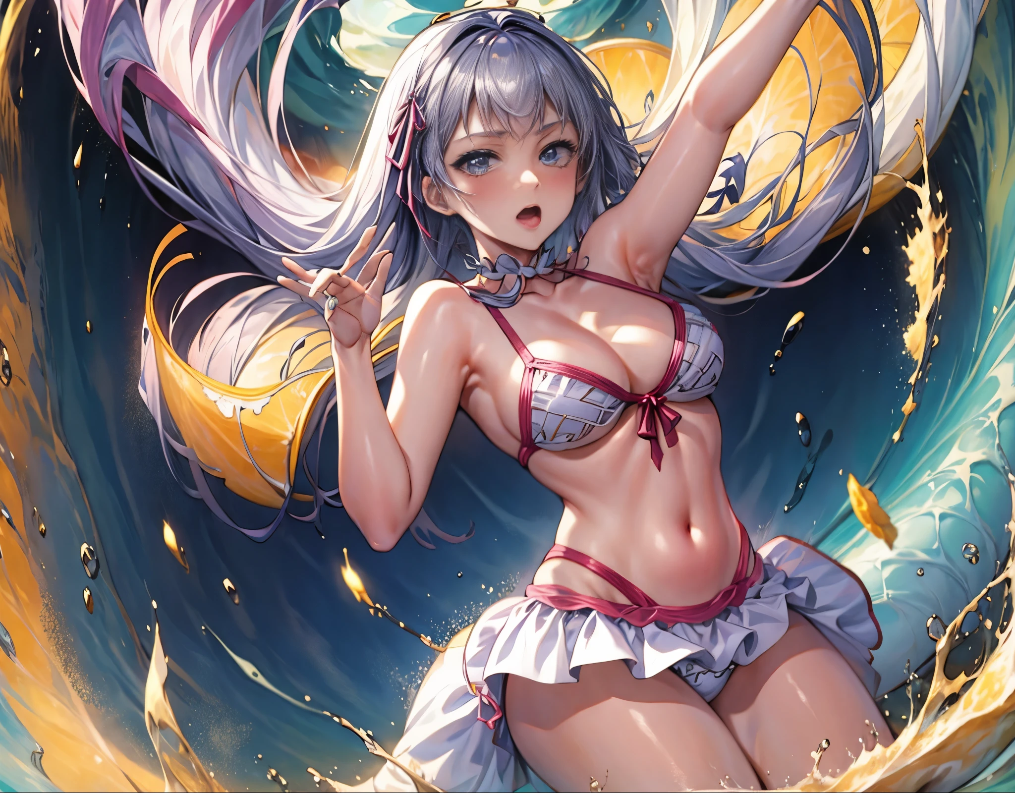 chica anime en bikini flotando en el aire, Elegante pose flotante, lying dynamic pose, !!lleno Cuerpo portrait!!, Sol. illustration, lleno Cuerpo pose, lleno Cuerpo:: Tiempo soleado::, hembra flotante, lleno pose, dramatic floating pose, anime lleno Cuerpo illustration, lleno Cuerpo portrait of a short!, lleno_Cuerpo!!, lleno Cuerpo wide shot,noelle silva,big thighs, looking back