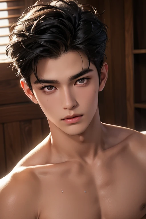 ((High quality)), ((masterpiece)), ((highly detailed)), perfect face, realistic, ((man)), ((indonesian)), young, 20 years old, black hair, comma hair style, ((shirtless)), ((handsome)), detailed eyes, beautiful detailed nose, realistic body, realistic light, comfortable exprssions, cute guy, sweat guy, cool guy, young, muscular body