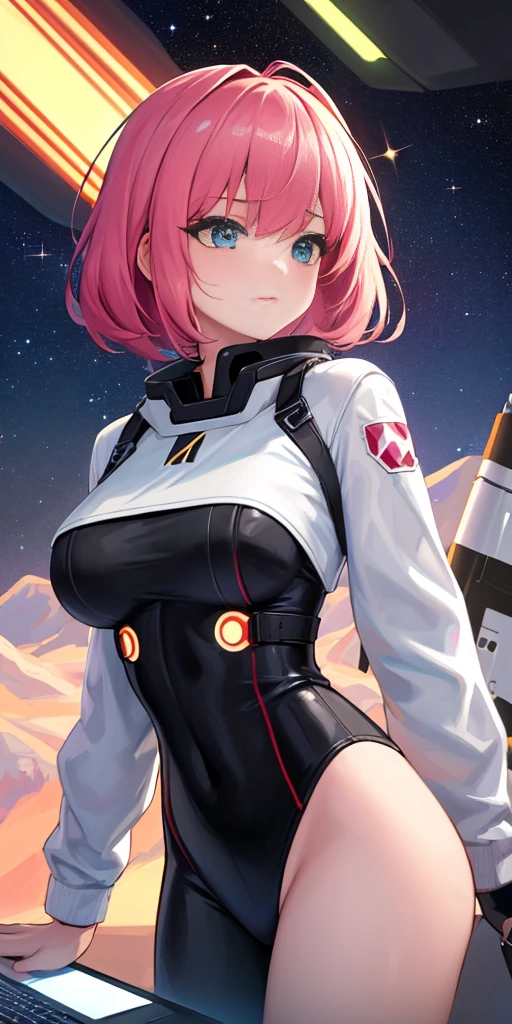 8K, 1girl in,spaceships,body suit, natta,intergalactic, spaces, huge-breasted, Having a laptop, Look at viewers, , solofocus, cowboy shot, (masterpiece:1.4),(top-quality:1.4),(Glossy肌),Steamed body,Glossy