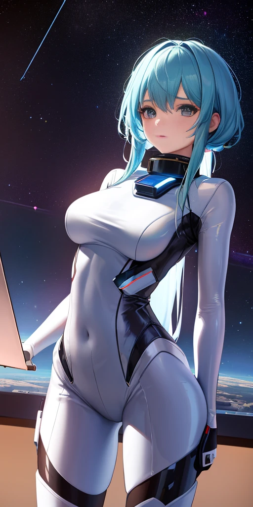 8K, 1girl in,spaceships,body suit, natta,intergalactic, spaces, huge-breasted, Having a laptop, Look at viewers, , solofocus, cowboy shot, (masterpiece:1.4),(top-quality:1.4),(Glossy肌),Steamed body,Glossy