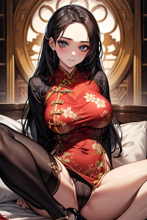 (High resolution), (32K), (very very highly detailed), (Best illustration), (beautiful and delicate eyes), (best quality), (super detailed), (master piece), (Detailed and delicate face), solo,Highly detailed face and skin texture,fine eyes,double eyelid,Spread your legs and use props、very shy、spread legs,high details,Wear pin heels,(dynamic pose),1 female, black long hair , Pitch black eyes, long legs, (camel toe),(((big breasts)))、Exposing genitals without wearing pants,camel's toe,The protruding PUssy ,cocked ass,I grew up sexy、(((Luxurious floral red cheongsam)))、Forehead、best style、nipple