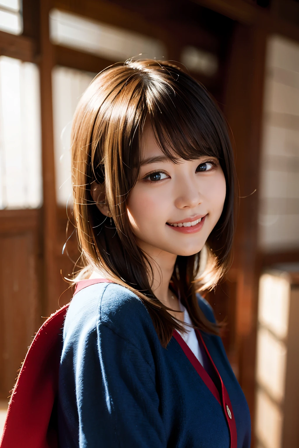 super detailed, super high res, 1 girl, looking at viewer, beautiful detailed face, smiling, narrow, Japanese style, shirt, beautifully detailed skin, skin texture, floating hair, professional lighting
