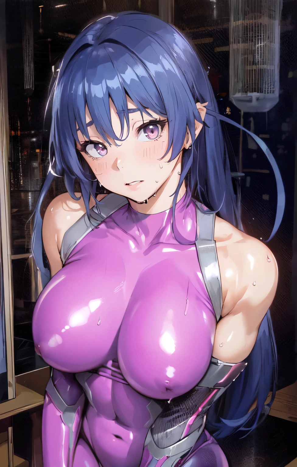 (best quality,4K,8k,high resolution,masterpiece:1.2),Super detailed,(actual,realistically,realistically:1.37), Ultra high definition face, a close up of a woman in a purple latex outfit, Oppei Cyberpunk, Biomechanics OPPEIN, taimanin, latex shiny, Tik, large breasts, large boobs, big breast, Crazy expansion, Larger than shoulder blade, droop, hourglass figure, 骨盆Larger than shoulder blade, fitness model, rosy cheeks, dripping with sweat