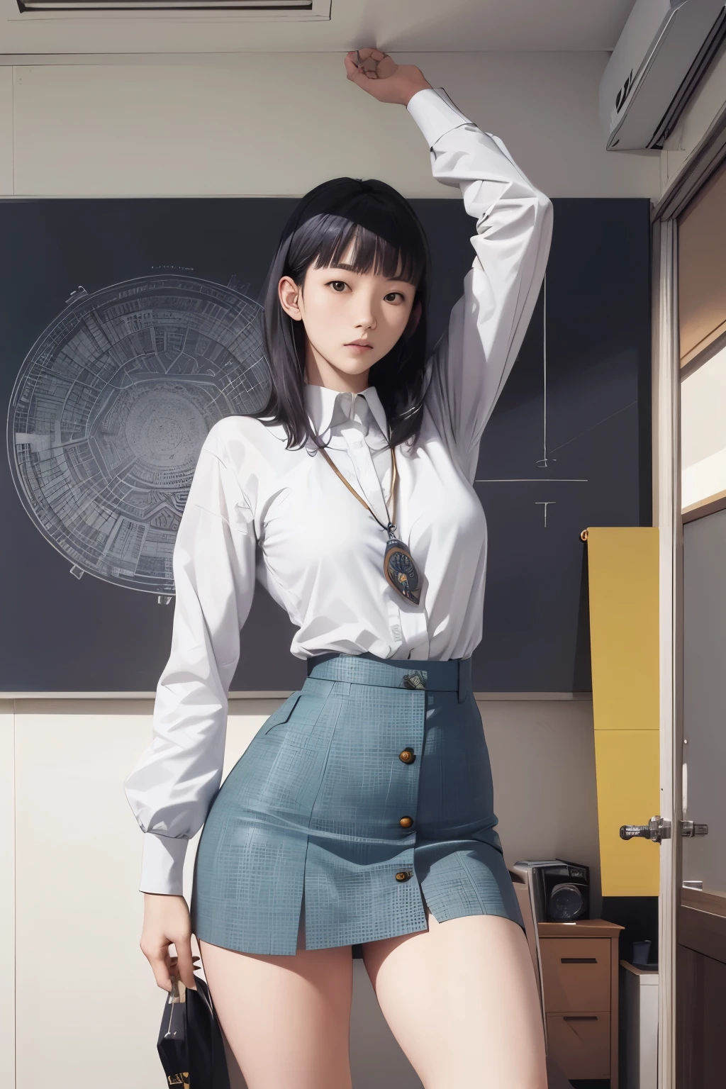 Alasdair Gray, Hiroshi Masumura, Surreal, mysterious, strange, fantastical, fantasy, Sci-fi, Japanese anime, classroom, true self in the mirror, door to another world, physics of reflection, miniskirt beautiful girl, perfect voluminous body, detailed masterpiece 