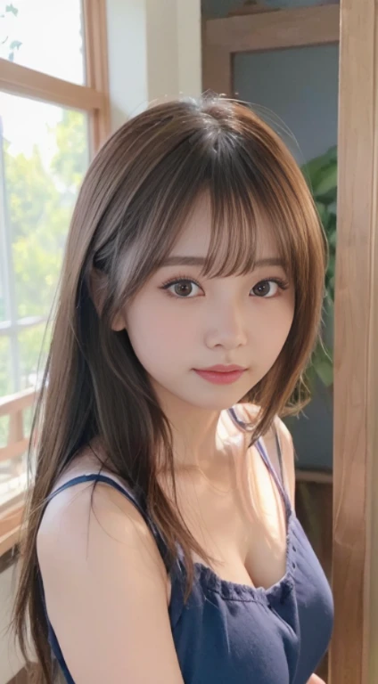 Smile、natta、Raw photography、(((Portrait of extreme beauty)))、((glistning skin))、女の子1人、-yeld beiful girl in Prague、bright expression、((brown haired))、(Show cleavage)、(Cotton Camisole)、((Big blue eyes that shine like jewels))、Glossy glossy skin、Silky long straight hair、eye liner、Beautiful bangs、Hair between the eyes、((masterpiece、top-quality、ultra-detailliert、Film Light、intricate-detail、hight resolution、ighly detailed))、细致背景、8KUHD、Digital SLR、Soft light、hightquality、Film grain、FujifilmXT3 、Shallow depth of field、natural soft light、Kamimei、Lush bust、cowboy shot