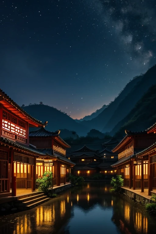 chinese village, nightime, surrounded by fireflies,