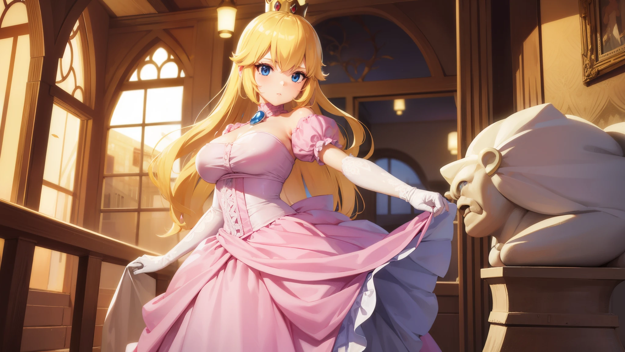 princesspeach, princess peach, blonde hair, blue eyes, long hair, BREAK crown, dress, gem, gloves, pink dress, puffy short sleeves, puffy sleeves, short sleeves, white gloves, BREAK indoors, BREAK looking at viewer, (cowboy shot:1.5), BREAK (masterpiece:1.2), best quality, high resolution, unity 8k wallpaper, (illustration:0.8), (beautiful detailed eyes:1.6), extremely detailed face, perfect lighting, extremely detailed CG, (perfect hands, perfect anatomy), castle background setting environment, super mario bros. background