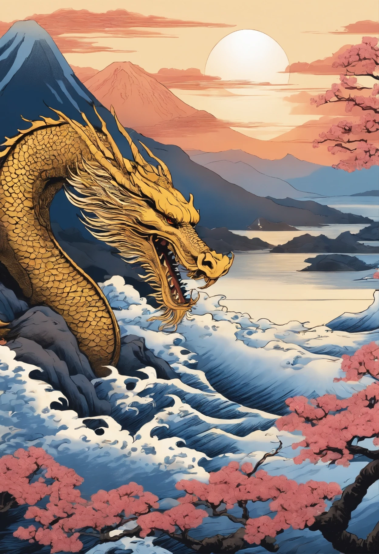 A golden dragon head and body painted by Katsushika Hokusai。One sun on one Mt. Fuji。waves in the bay。Cherry blossoms bloom。
