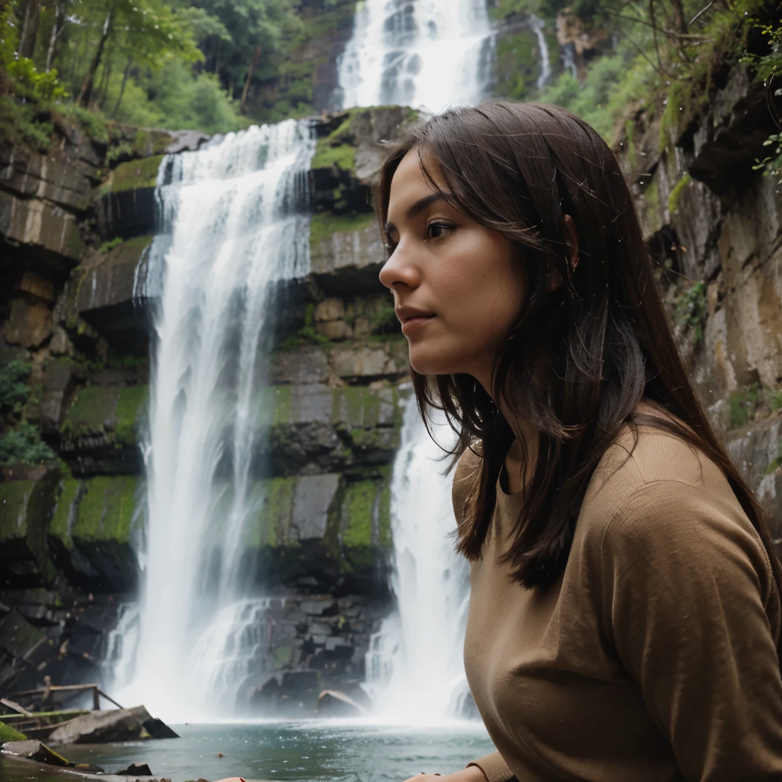 beautiful woman, waterfall, mountain