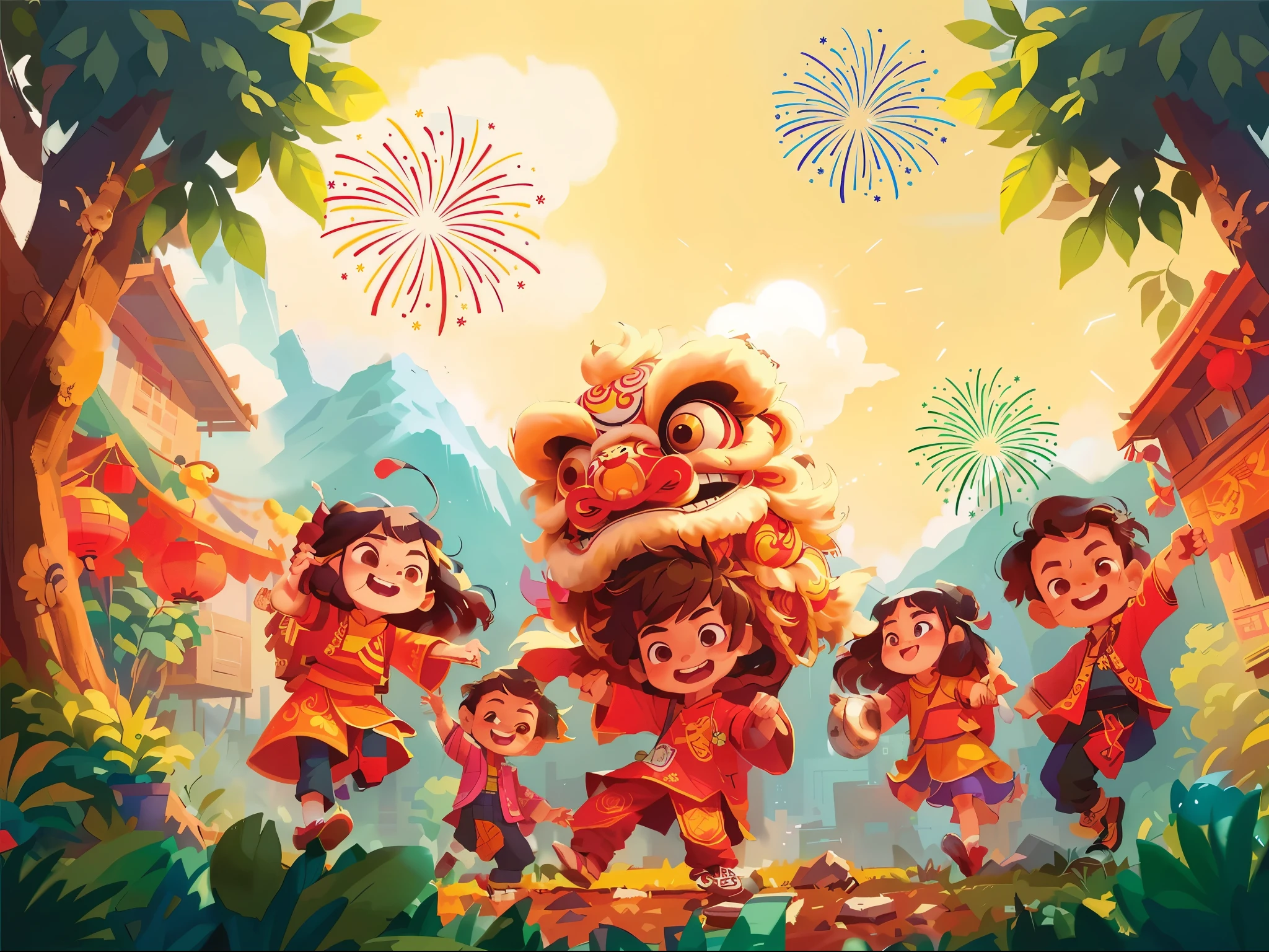 cartoon illustration of a group of ethenic children in vietnam costumes with happy face, smile face, the mountain backgound with firework on sky, lunar new year asmosphere, Tet Holiday, Tet Traditional Viet Nam, dragon year, a beautiful artwork illustration, official artwork, childrens art in artstation, in the style of sachin teng, by Ryan Yee, by Qu Leilei, colorful kids book illustration, by Yang J, inspired by Pu Hua, official illustration, sachin teng, jen bartel, game illustration, official art, by Li Song