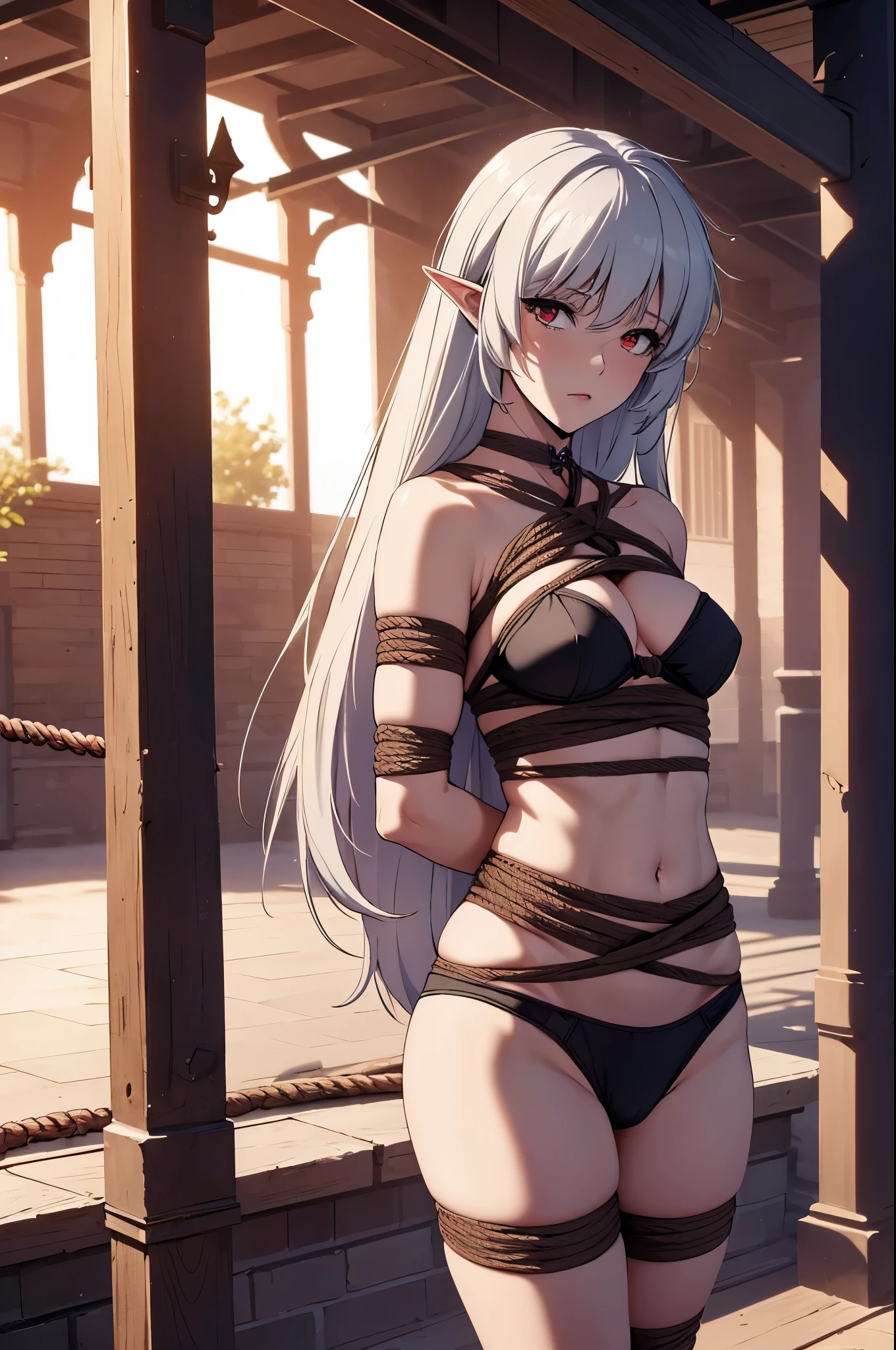 (((Vibrator under panties,shibari,bdsm))),(((shibari over clothes,rope,bound,restrained,against pillar))),pillar,alice,vampire,grey hair, long hair, red eyes, pointy ears, small breasts