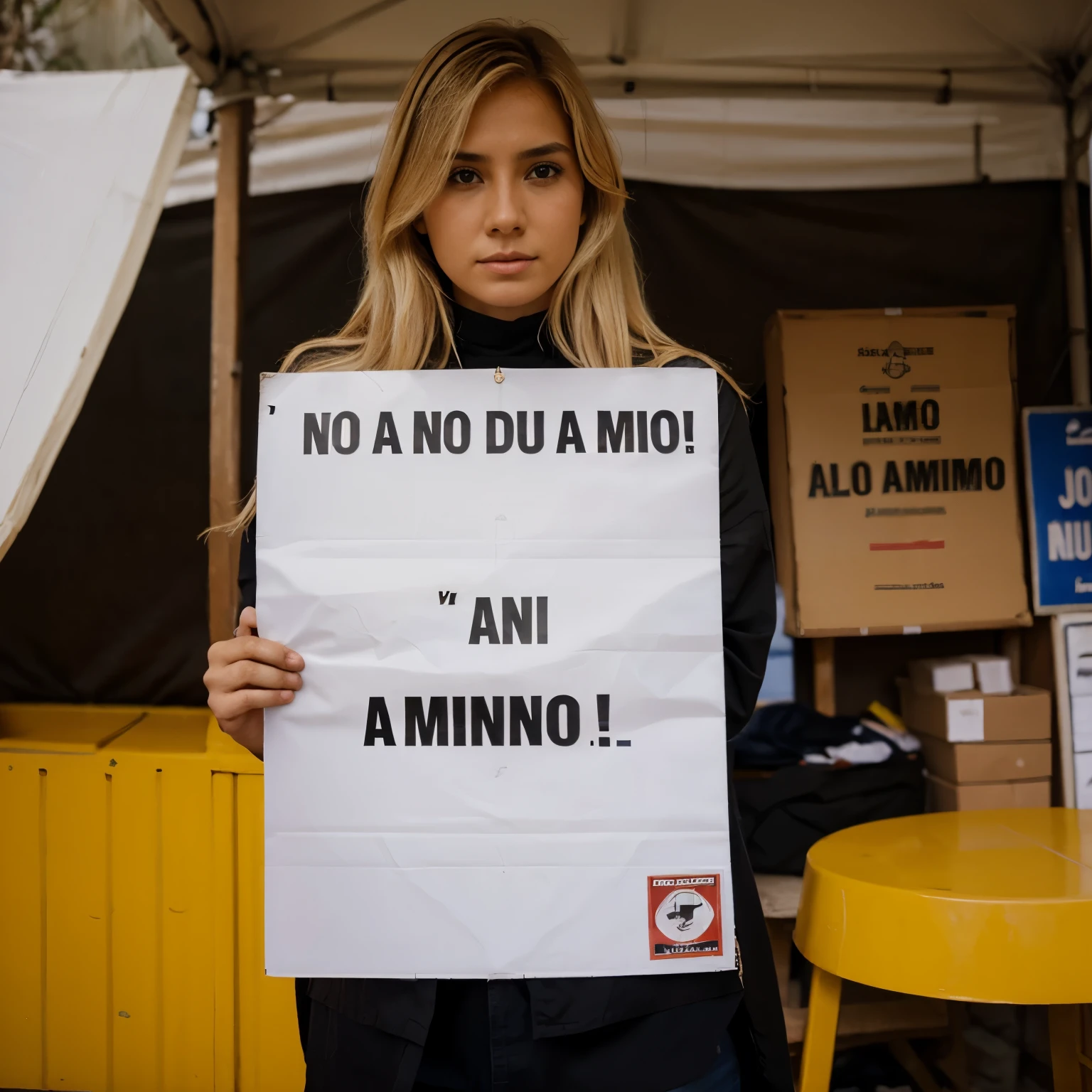 Mujer rubia aguantando un cartel que dice amo-a-ivan.