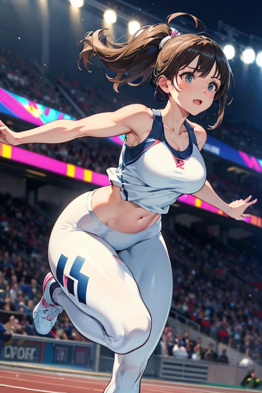 1 girl, (whole body:1.5), ((Mature woman jumping high over hurdles towards viewers on track:1.3, dynamic action pose:1.2, the left leg is straight and rises high:1.25, leaning forward, sprinting at full speed:1.2, Athletic competition:1.2)), ((Wearing white sports leggings and sports tank top:1.2)), (fine eyes, super detailed face:1.2, look away), (ultra high resolution, 8K RAW photo, Ultra-Realistic, textile shading), outdoor, ((correct anatomy:1.37)), image centered, (Shoulder Focus:1.2), ((From the front center:1.37)), dynamic angle, from below, blurred background, Bokeh,