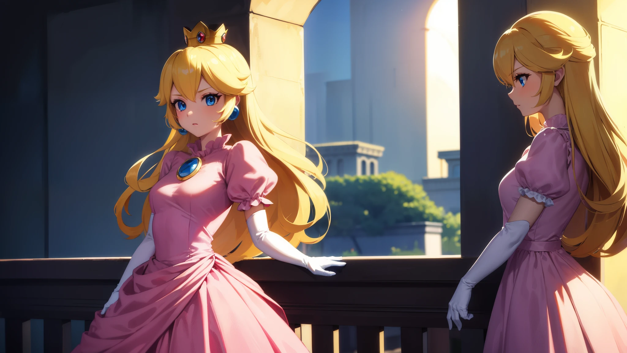 princesspeach, princess peach, blonde hair, blue eyes, long hair, BREAK crown, dress, gem, gloves, pink dress, puffy short sleeves, puffy sleeves, short sleeves, white gloves, BREAK indoors, BREAK looking at viewer, (cowboy shot:1.5), BREAK (masterpiece:1.2), best quality, high resolution, unity 8k wallpaper, (illustration:0.8), (beautiful detailed eyes:1.6), extremely detailed face, perfect lighting, extremely detailed CG, (perfect hands, perfect anatomy), castle background setting environment, super mario bros. background