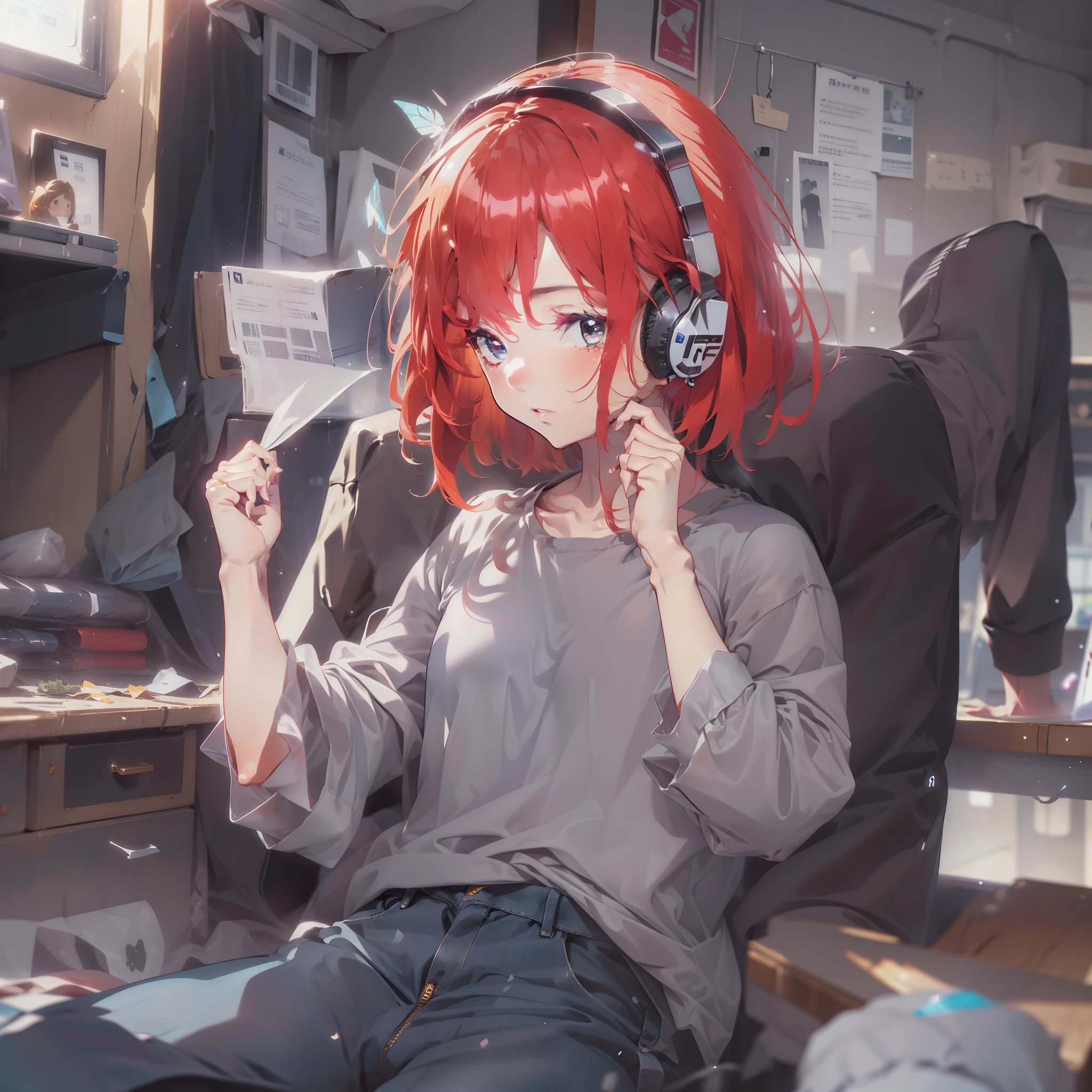 (highest quality、8K、32K、masterpiece、nffsw:1.2)、1 girl、beautiful japanese woman、big breasts thin waist、T-shirt、Jeans gray、、band、、suit、pants、From the back、one&#39;s home、sound楽、soundを愛した後、Being drunk、detailed face、short hair、sound、Notes flutter、headphone、bright background,Red hair,put one&#39;s hand in one&#39;s pocket