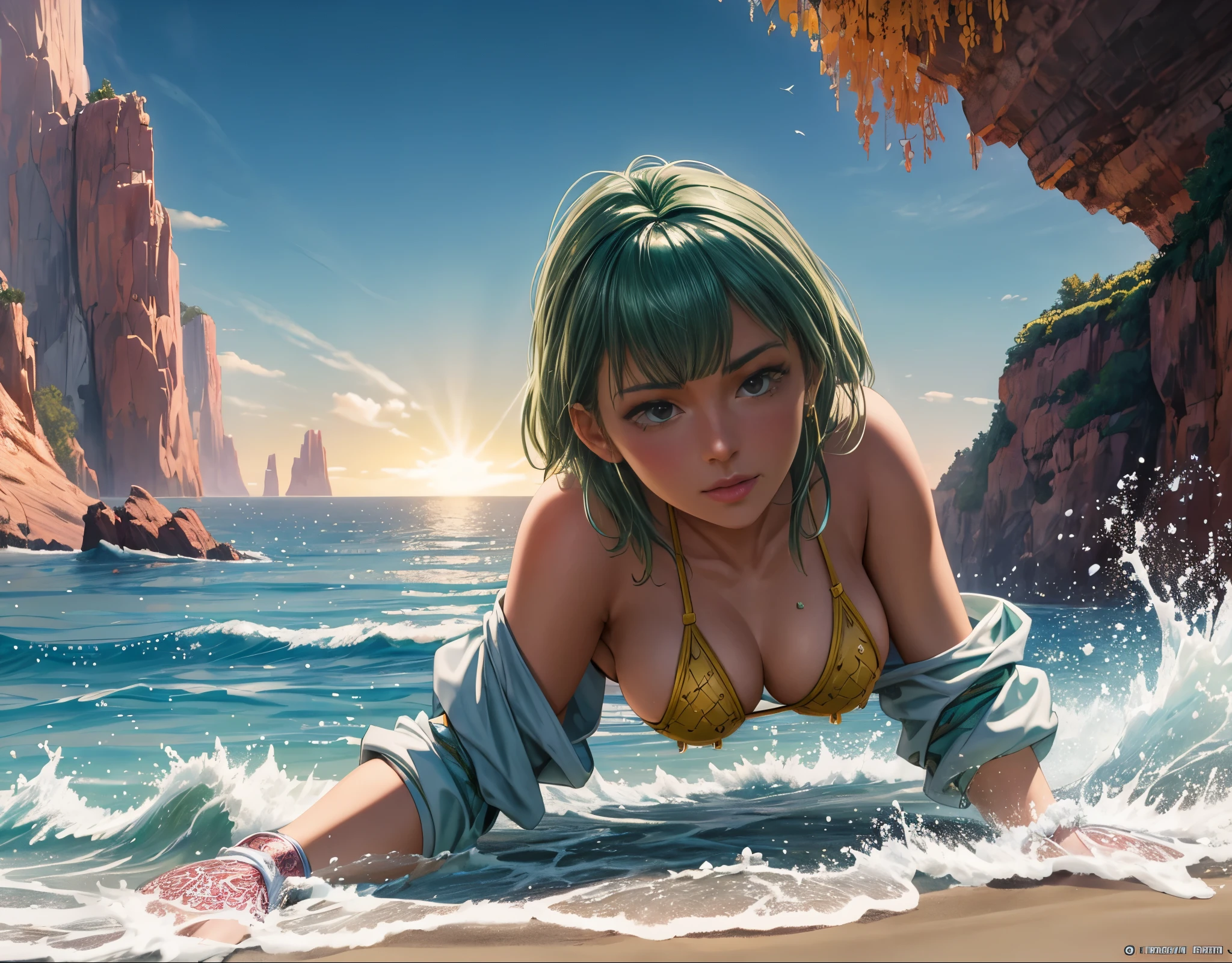 chica anime en bikini flotando en el aire, Elegante pose flotante, lying dynamic pose, !!lleno Cuerpo portrait!!, Sol. illustration, lleno Cuerpo pose, lleno Cuerpo:: Tiempo soleado::, hembra flotante, lleno pose, dramatic floating pose, anime lleno Cuerpo illustration, lleno Cuerpo portrait of a short!, lleno_Cuerpo!!, lleno Cuerpo wide shot,noelle silva,big thighs, masterpiece, beach scene at sunset:1.3), (noelle silva), (standing at her 150 centimeters height with a well-distributed 45 kg:1.2), (beautifully proportioned body with small breasts and a medium-sized, firm, and round buttocks:1.2), (slender physique:1.1), (strolling along the beach at the moment of capture:1.2), (facing away from the camera, but turning around with a brief laughter at the corner of her mouth:1.2), (photograph taken from her back:1.5), (wearing an extremely small bikini both on top and bottom:1.5), (capturing the enchanting lighting of the sunset:1.1), (enhancing the beauty of her green-colored hair:1.3) Hyper-detailed, insane details, Beautifully color graded, Unreal Engine, DOF, Super-Resolution,Megapixel, Cinematic Lightning, Anti-Aliasing, FKAA, TXAA, RTX,SSAO,Post Processing, Post Production, Tone Mapping, CGI, VFX, SFX, Insanely detailed and intricate , Hyper maximalist, Hyper realistic, Volumetric, Photorealistic, ultra photoreal, ultra- detailed, intricate details,8K, Super detailed , Full color, Volumetric lightning, HDR, Realistic, Unreal Engine, 16K, Sharp focus. Octane render