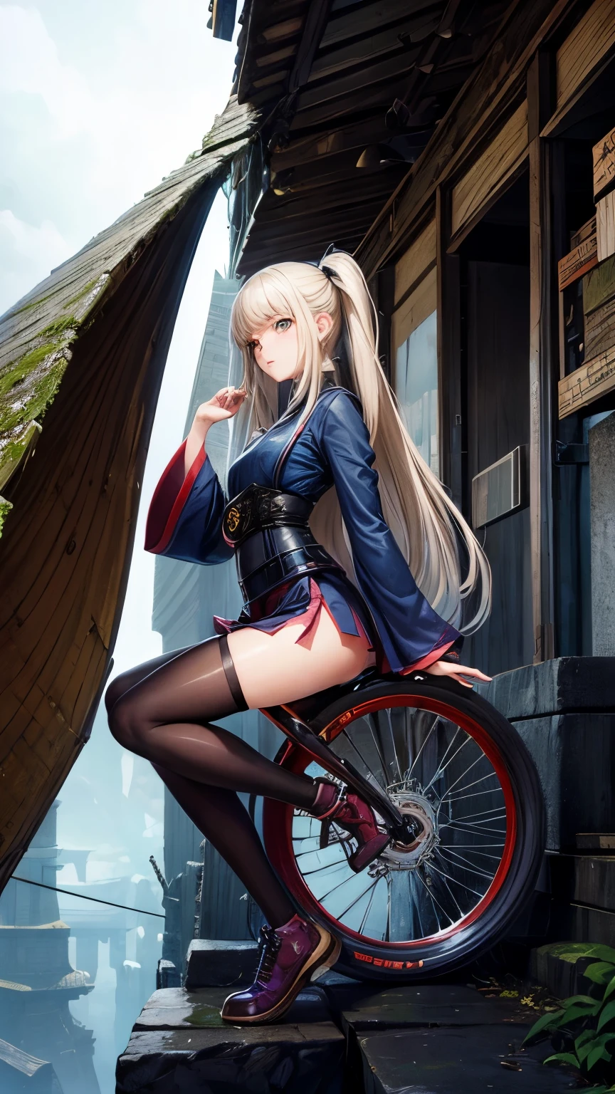Eliza Wheeler, Yoshitaka Amano, Surreal, mysterious, strange, fantastical, fantasy, Sci-fi, Japanese anime, miniskirt beautiful girl on a unicycle, perfect body, lost city, cracked diamond, detailed masterpiece
