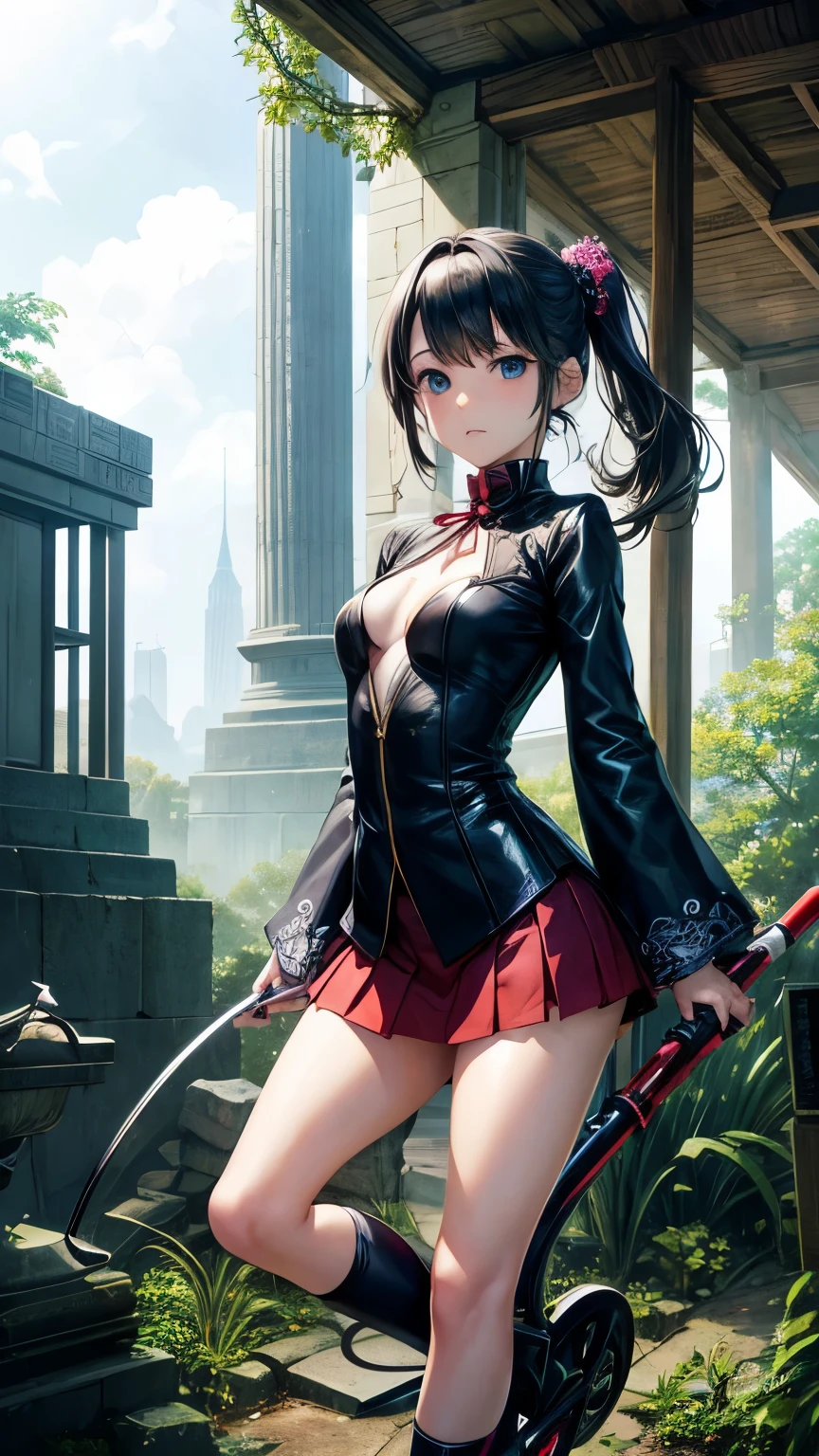 Eliza Wheeler, Yoshitaka Amano, Surreal, mysterious, strange, fantastical, fantasy, Sci-fi, Japanese anime, miniskirt beautiful girl on a unicycle, perfect body, lost city, cracked diamond, detailed masterpiece 