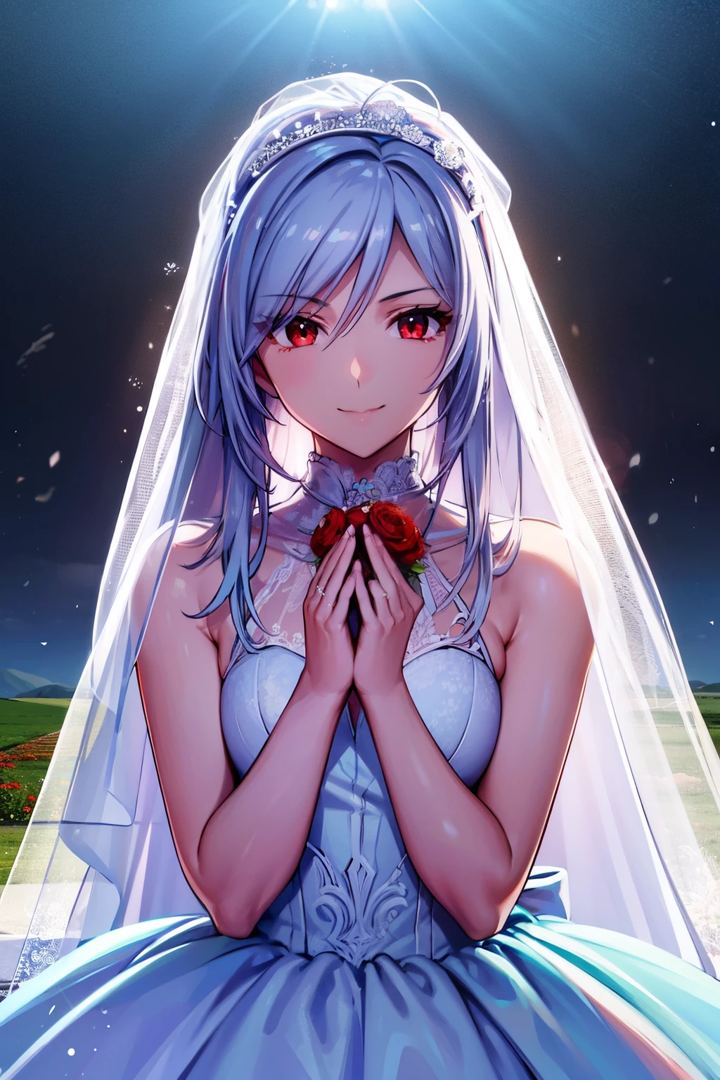 1 Women, 28 years old, Long bright silver hair, red eyes with slit pupils, master-piece, best quality, proportional body, proportional, Wedding Dresses, Long skirt, (((White Wedding Dresses))), ((Meadow with a view of a small church)), ((snowstorm of flowers)), Upper body, The sky is beautiful, Both hands hold a bouquet of red flowers, (light_Smile:1.5),