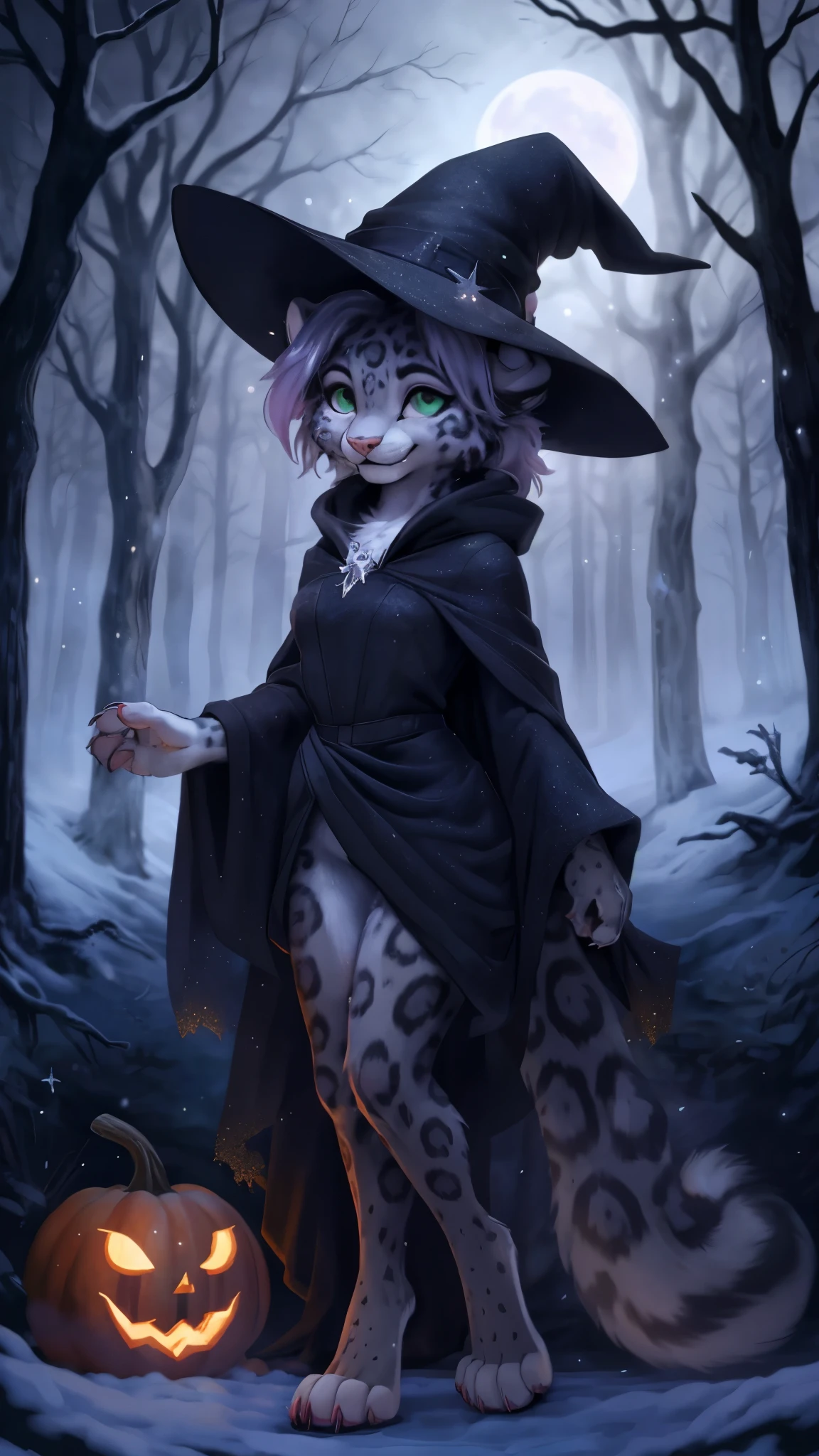 detailed background, dark and eerie forest, fog rolling through the trees, snow-covered ground, full moon shining brightly in the sky, a clearing with scattered leaves and pumpkins, a((slim and graceful)(snow leopard:1.2))female standing tall in her witch costume, (black dress adorned with silver stars), (pointy hat with a wide brim), (long flowing cloak trailing behind her), (sharp claws on her fingertips), (piercing green eyes sparkling with mischief), ((delicate pink nose:1.1)peeking out from under her witch hat), (playful smile revealing sharp fangs), detailed fur markings resembling mystical patterns on her body, (confident stance), (half-body view)