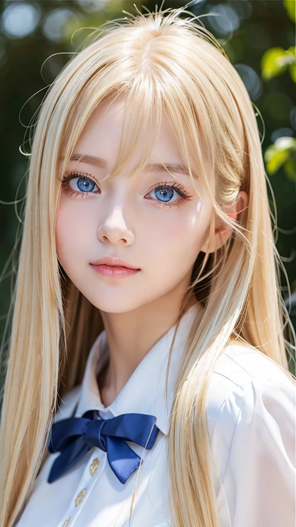 A beautiful girl with very long and beautiful shining bright blonde hair that is like silk.、long bangs between the eyes、Very beautiful bright light blue big eyes、very clear big eyes、unparalleled beauty、rich bust、school uniform、very white bright young skin、gloss cheek highlights、small face beauty、shy and bright look、