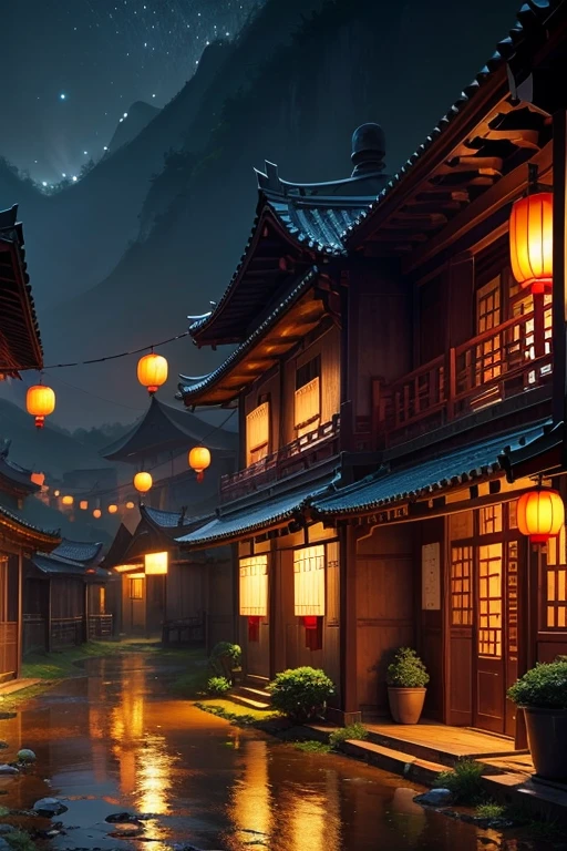 chinese village, nightime, surrounded by fireflies,