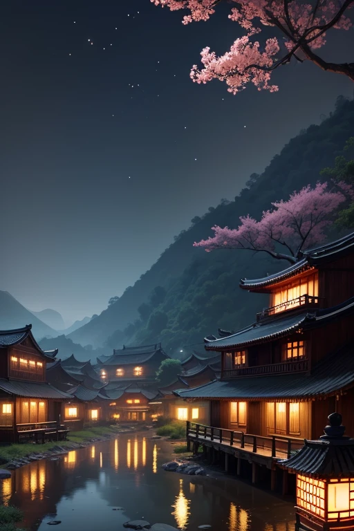 chinese village, nightime, surrounded by fireflies,